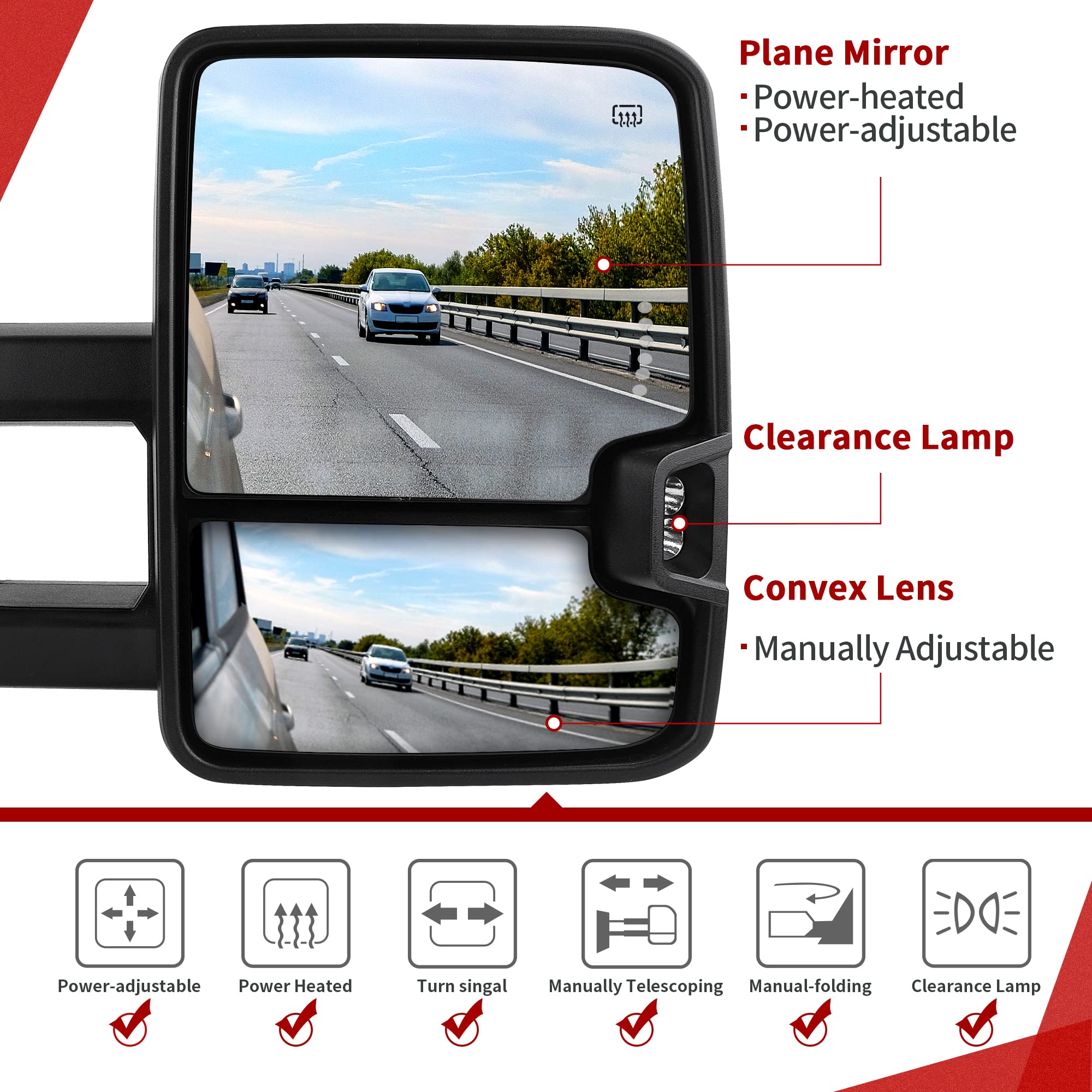 YITAMOTOR Power Heated LED Towing Mirrors with Signal & Reverse Lights - Compatible with Chevy Silverado 2007-2013 & GMC Sierra All Models - Perfect for Towing, Camping & Off-Road Adventures