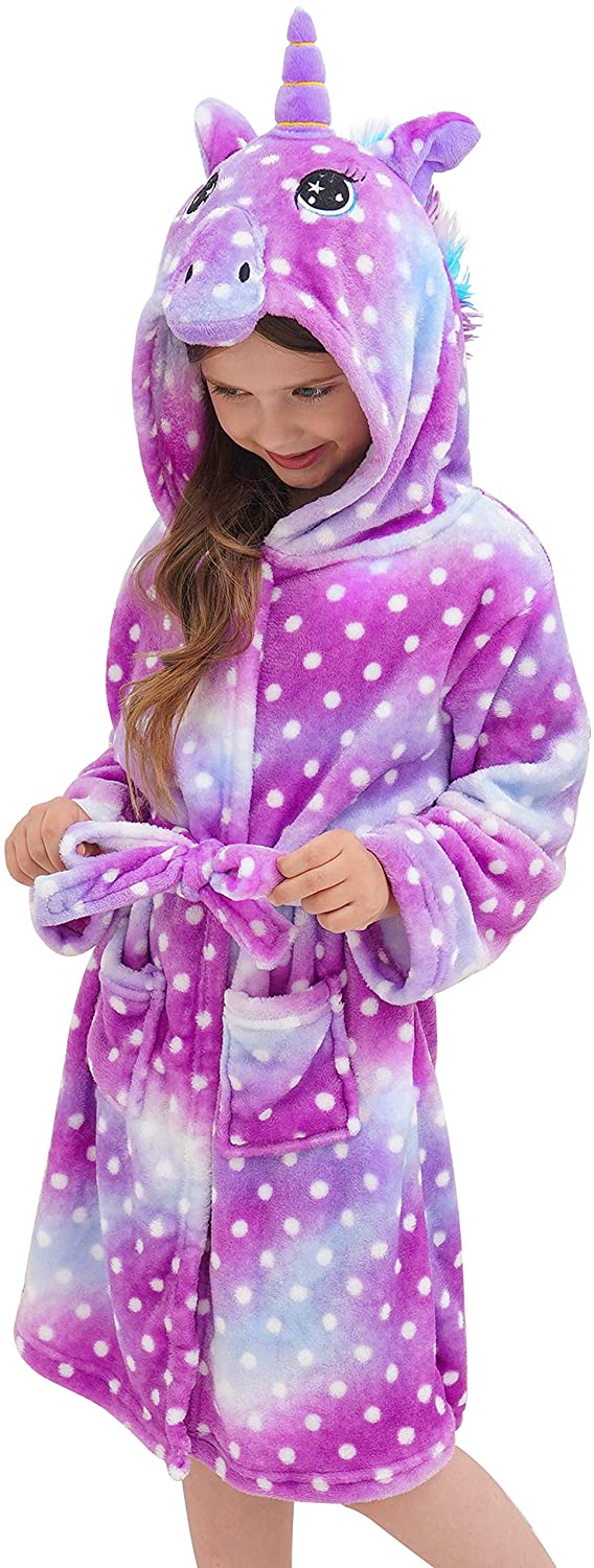 Soft & Cozy Unicorn Dots Bathrobe for Women & Girls - Plush Fleece Robe with Hood for Spa, Lounge & Relaxation at Home