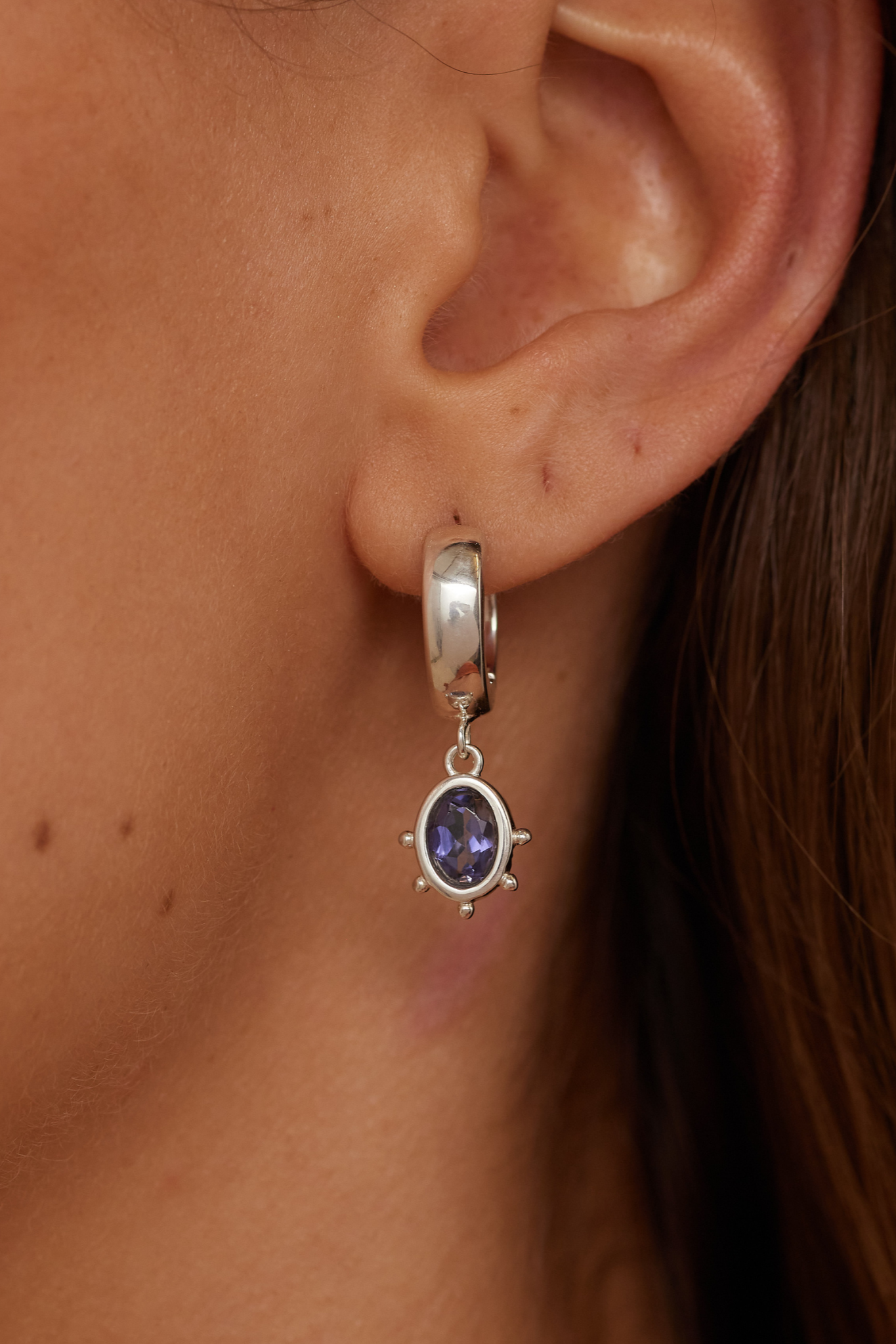 Genuine Iolite Silver Huggie Hoop Earrings for Women - Dainty & Elegant Everyday Jewelry - Perfect for Casual Wear, Office & Special Occasions