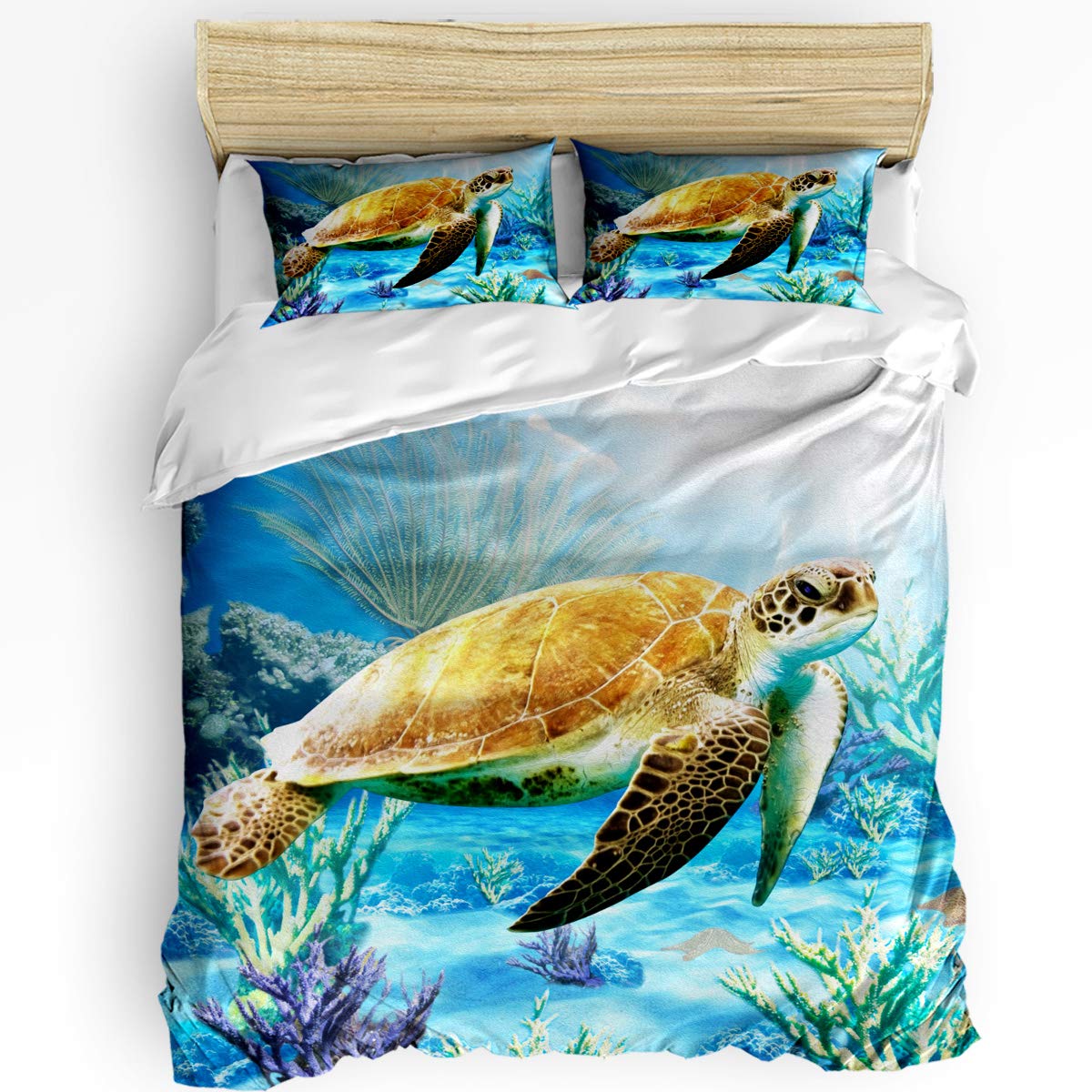Luxury 3-Piece Sea Turtle Marine Life Coral Oil Painting Duvet Cover Set - Twin Size Bedding for Kids & Adults | Soft Comforter with Pillowcases | Perfect for Coastal & Nautical Themed Bedrooms