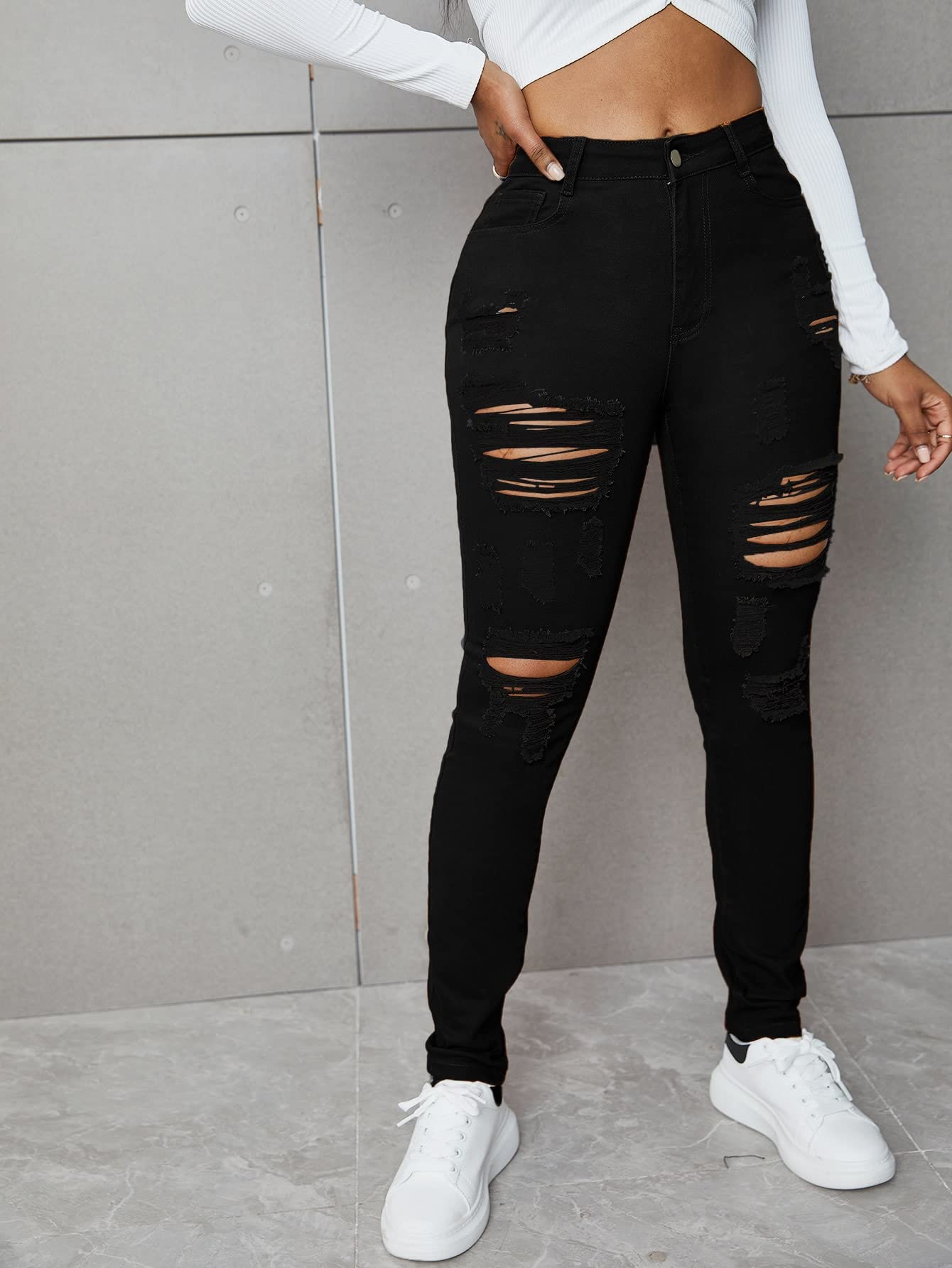 Floerns Women's High Waist Ripped Skinny Jeans - Distressed Stretchy Denim Pants for Casual Wear, Night Out & Street Style Fashion