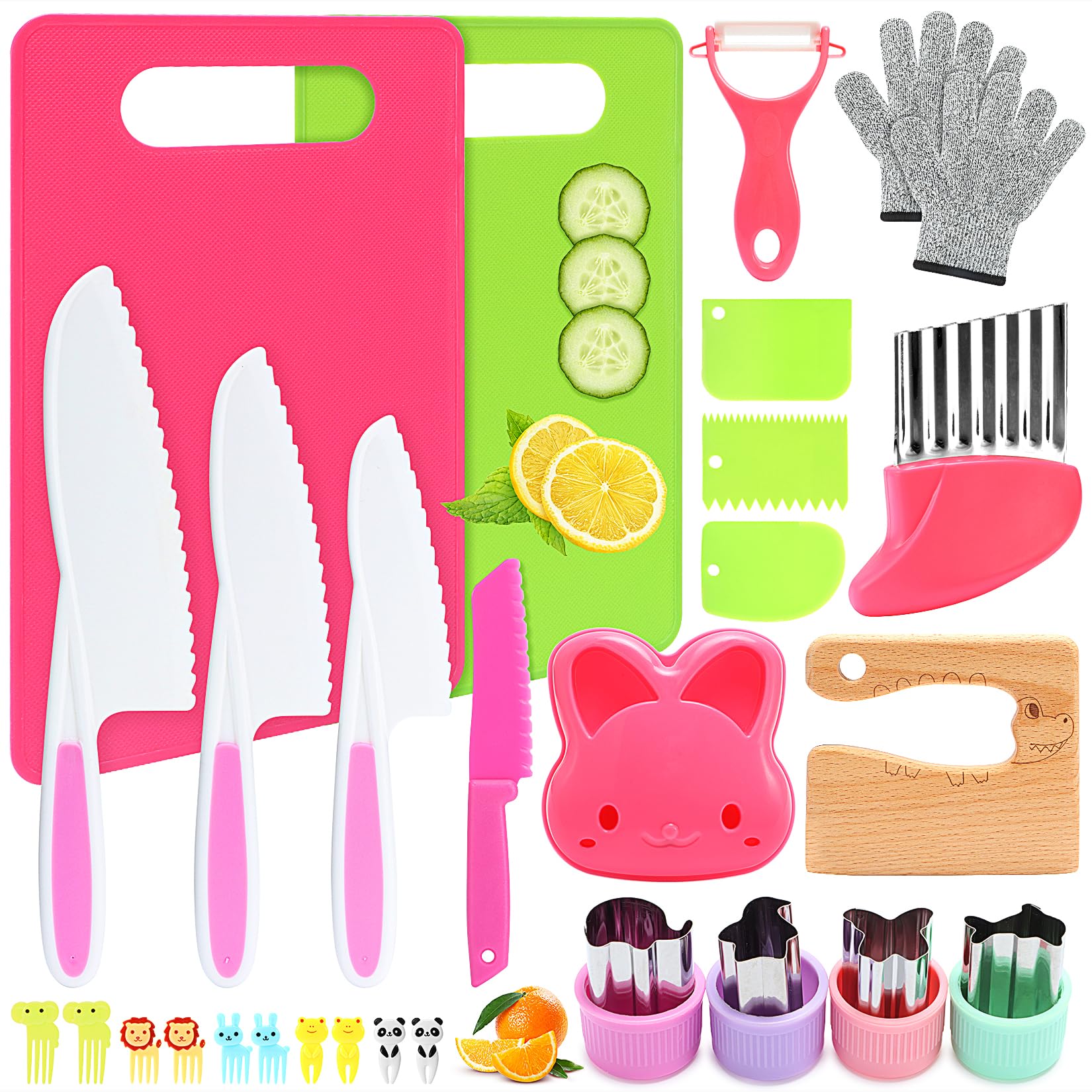 **Montessori Kids Knife Set for Real Cooking - 28PCS Toddler Kitchen Tools with Gloves & Crinkle Cutters - Safe Cooking Toys for Boys & Girls Ages 3-10 - Perfect Birthday Gift for Little Chefs - Ideal for Baking, Salad Prep & Montessori Learning Activities**