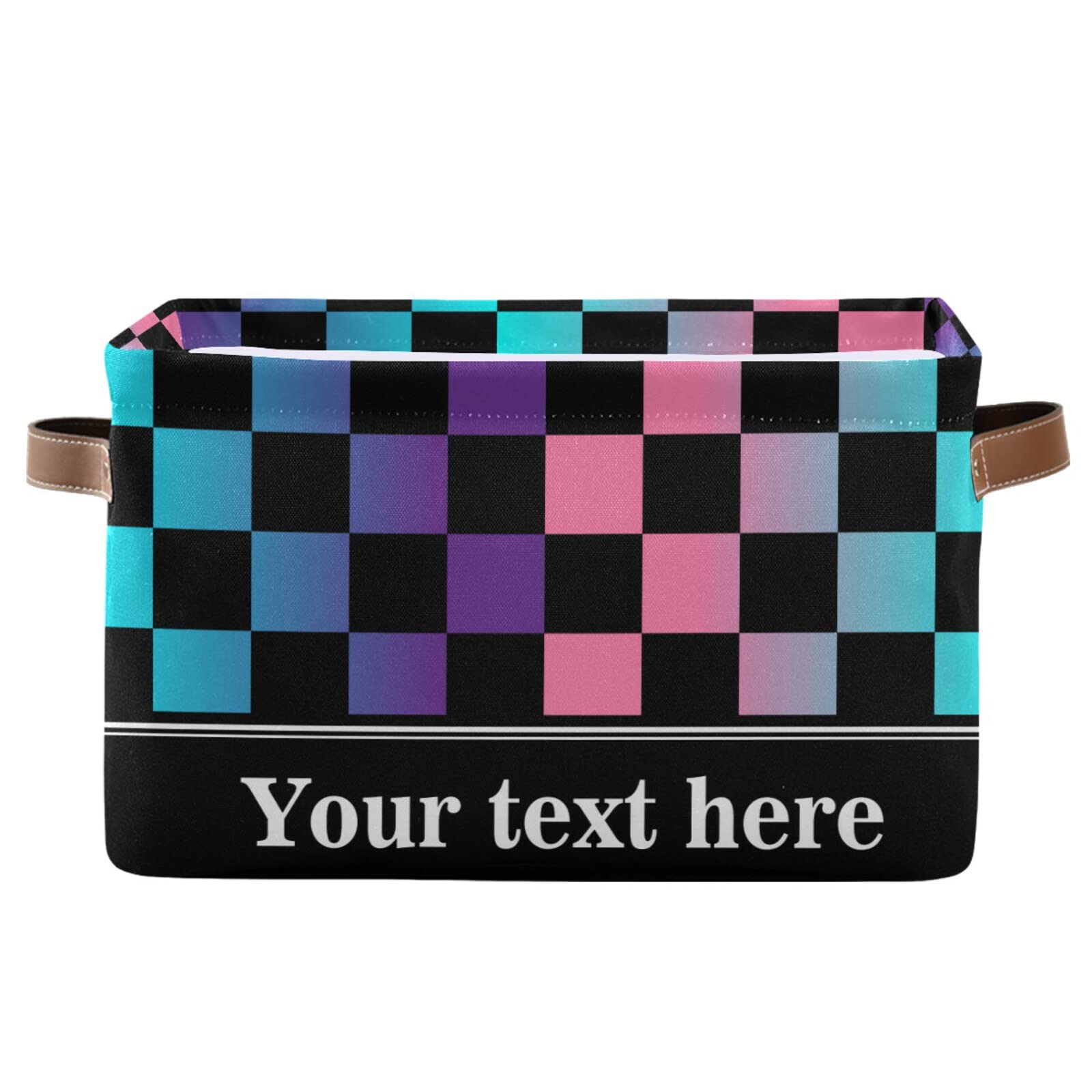 Checkerboard Plaid Storage Basket - Colorful Rectangular Collapsible Bin with Leather Handles | Home Organization & Gift Box for Bedroom, Bathroom, Nursery & Office