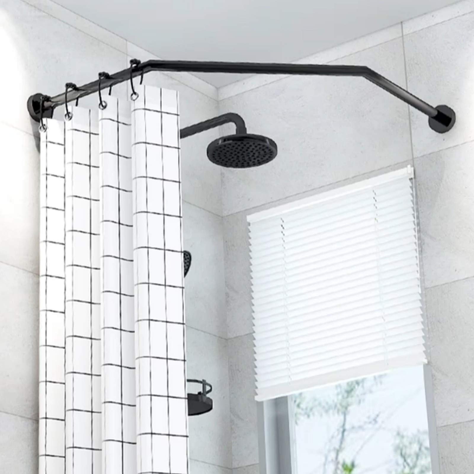 EEUK Adjustable Tension Shower Curtain Rod - 304 Stainless Steel No Drill Rust-Proof Shower Rail for Bathroom, Kitchen, Closet & Windows - Extendable Diamond Shaped Design with Bonus Black Shower Curtain (Perfect for Small Spaces & Rental Homes)