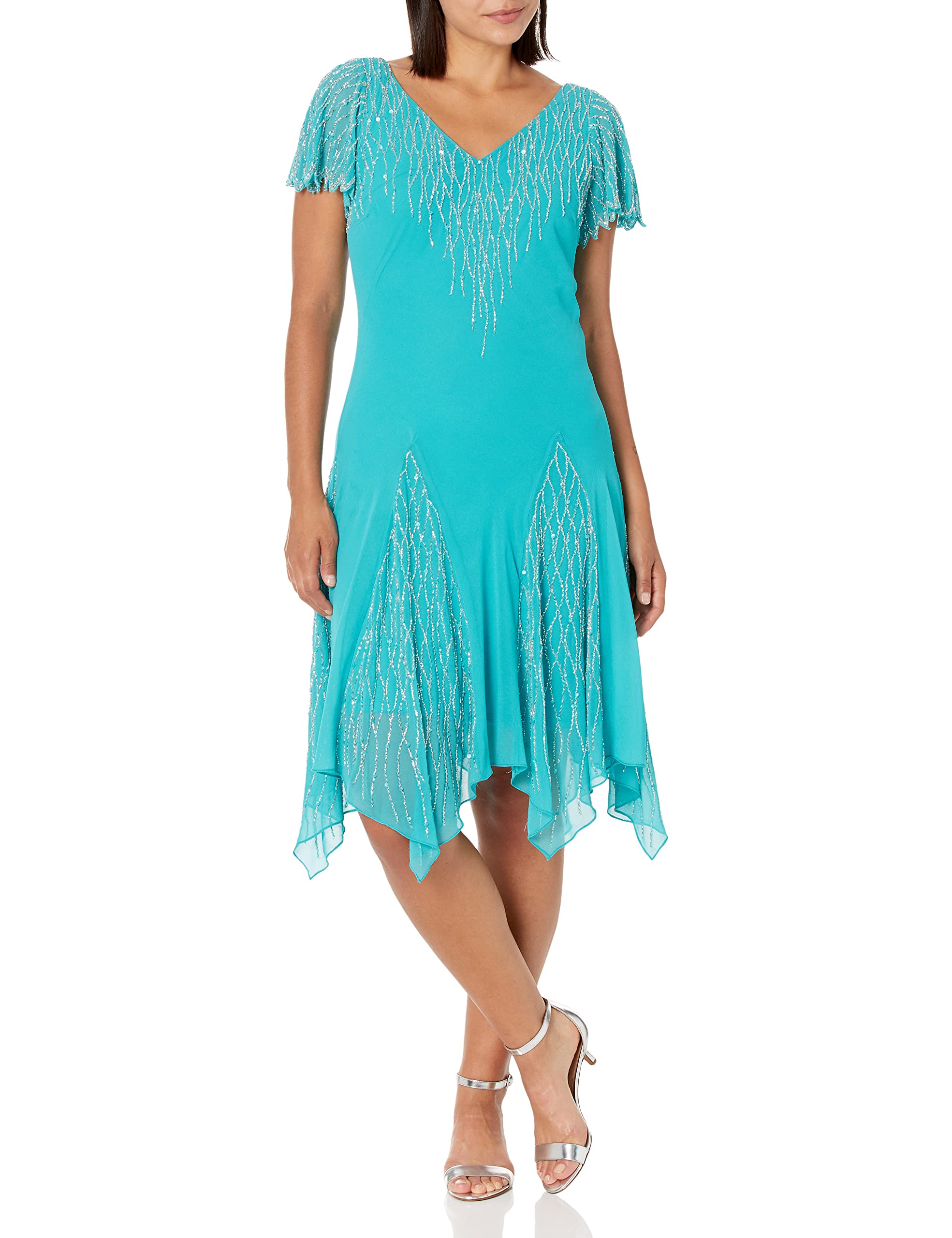 J Kara Women's Petite Short Beaded Cocktail Dress for Party, Wedding & Special Occasions | Elegant Beaded Formal Mini Dress for Night Out & Evening Events