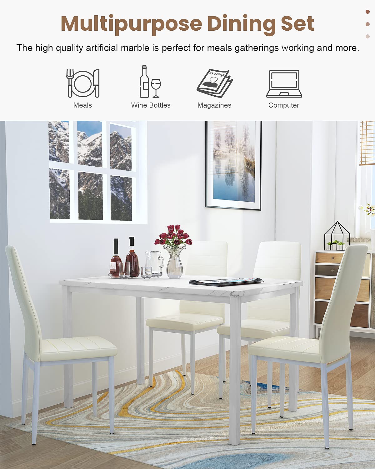 Recaceik 5-Piece Faux Leather Dining Set - Modern Kitchen Table with Marble Top & 4 High Chairs - Beige Breakfast Nook Furniture for Small Spaces | Perfect for Apartments, Condos & Cozy Kitchens
