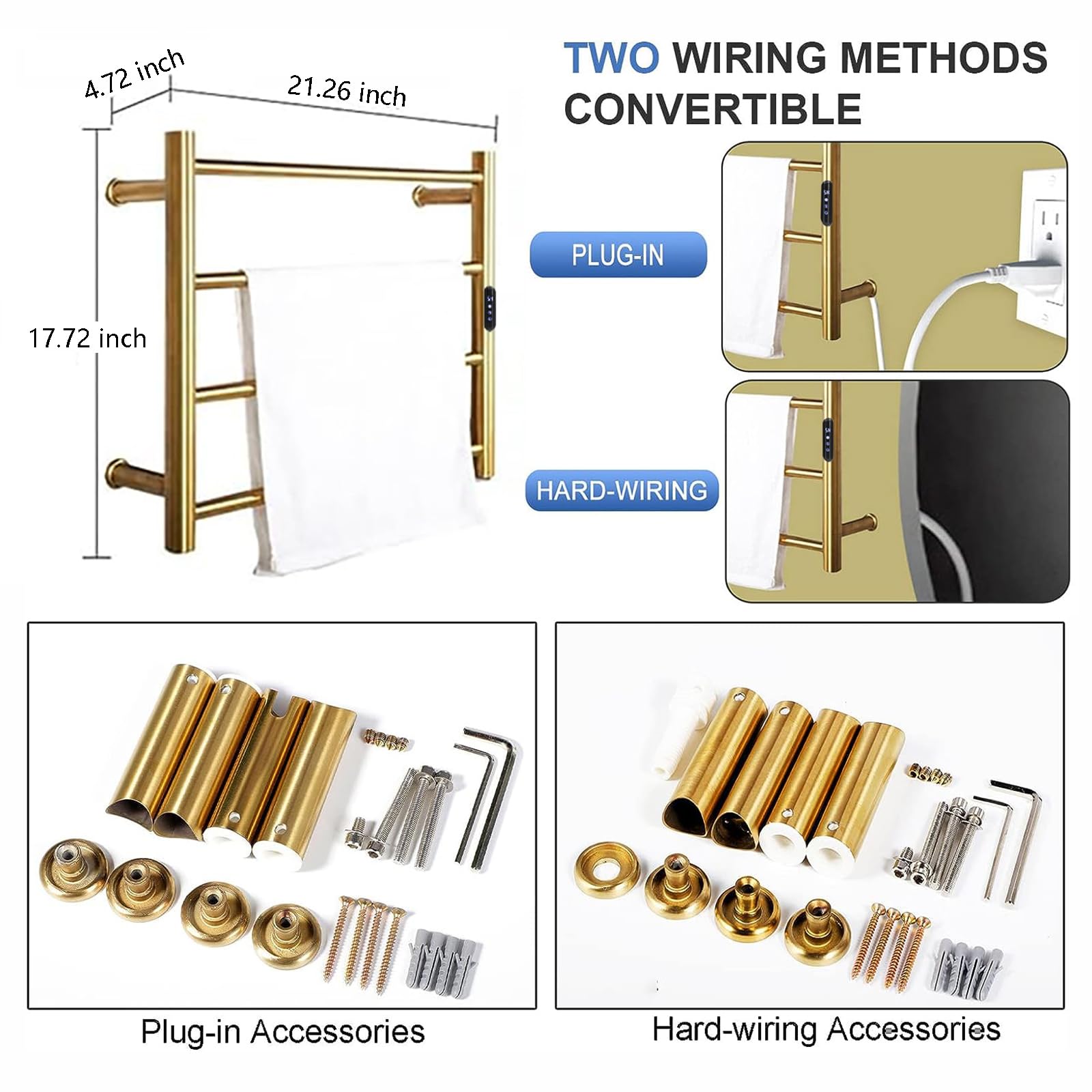 Premium 4-Bar Heated Towel Rack - Brushed Gold Wall Mounted Electric Towel Warmer with Timer & Temperature Control - Perfect for Bathroom, Spa, and Luxury Home Use - Plug-in Design for Quick Drying