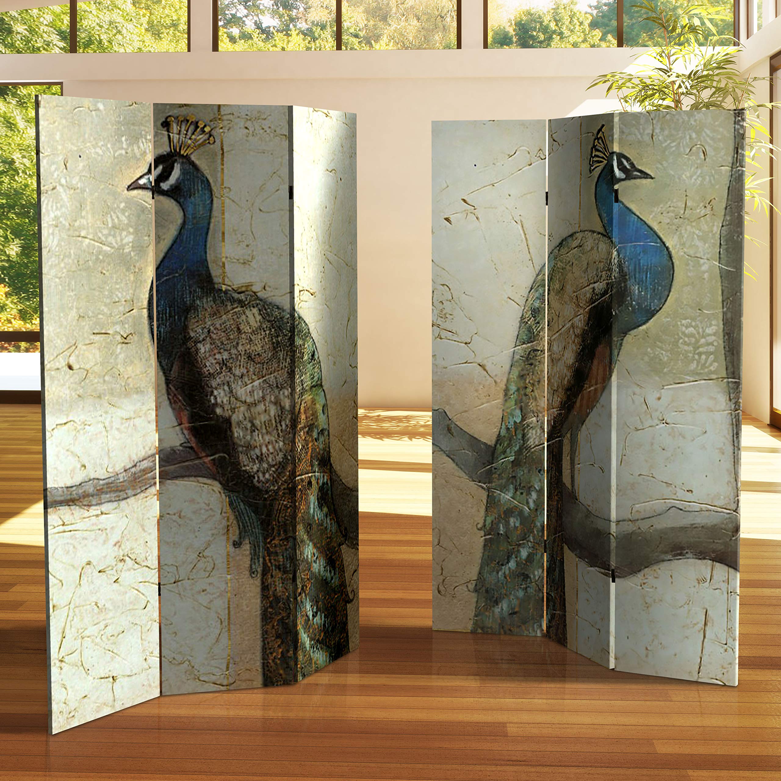 6 ft. Tall Double Sided Peacock Canvas Room Divider - Handmade Beige Folding Screen for Home Decor, Office Partition & Wedding Backdrop | Traditional Chinese Red Lantern Design