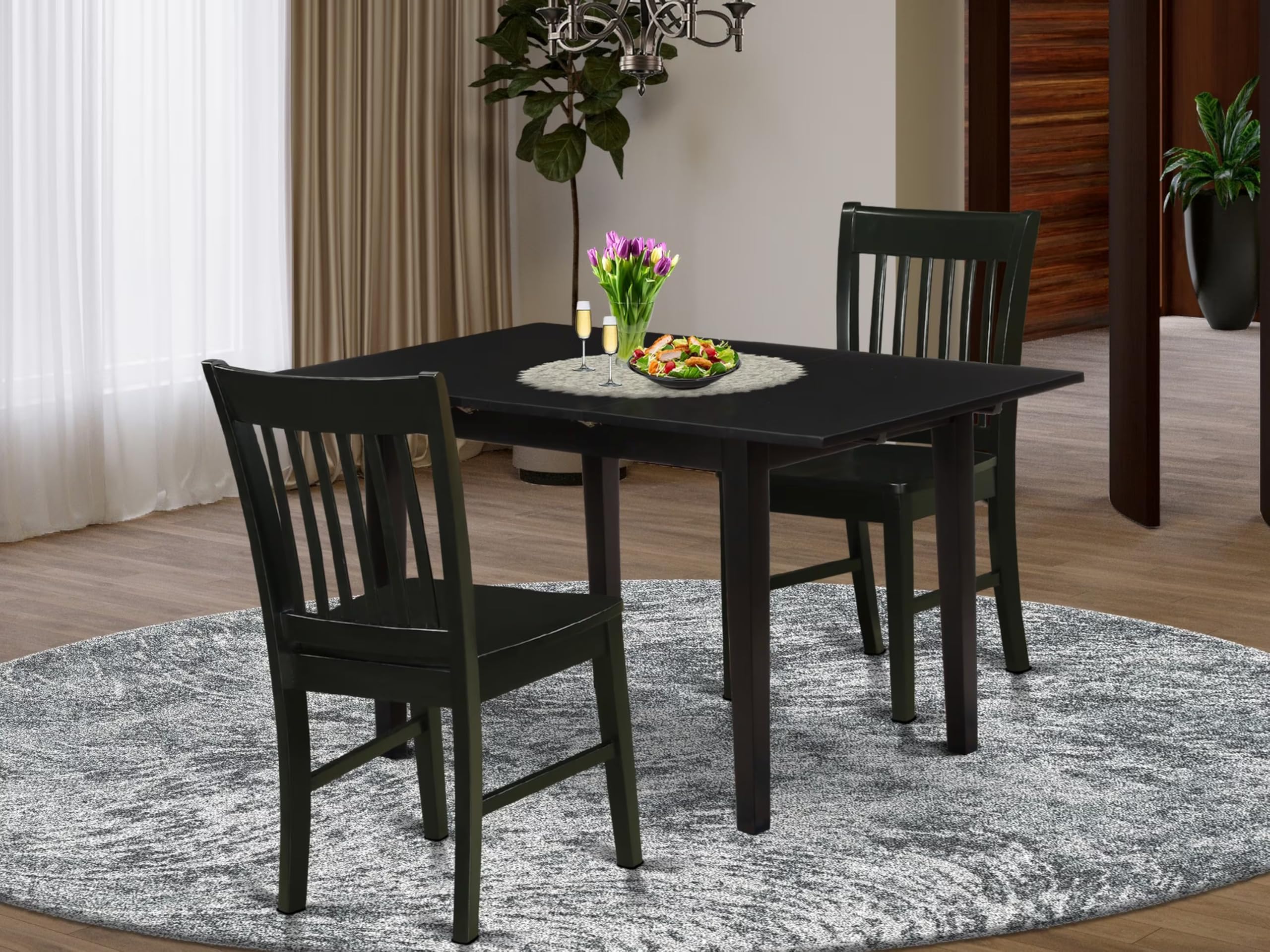 East West Furniture NOFK3-BLK-W 3-Piece Dining Set with Extendable Butterfly Leaf Table (32x54 Inch) & 2 Kitchen Chairs - Perfect for Small Spaces, Breakfast Nooks & Apartment Dining