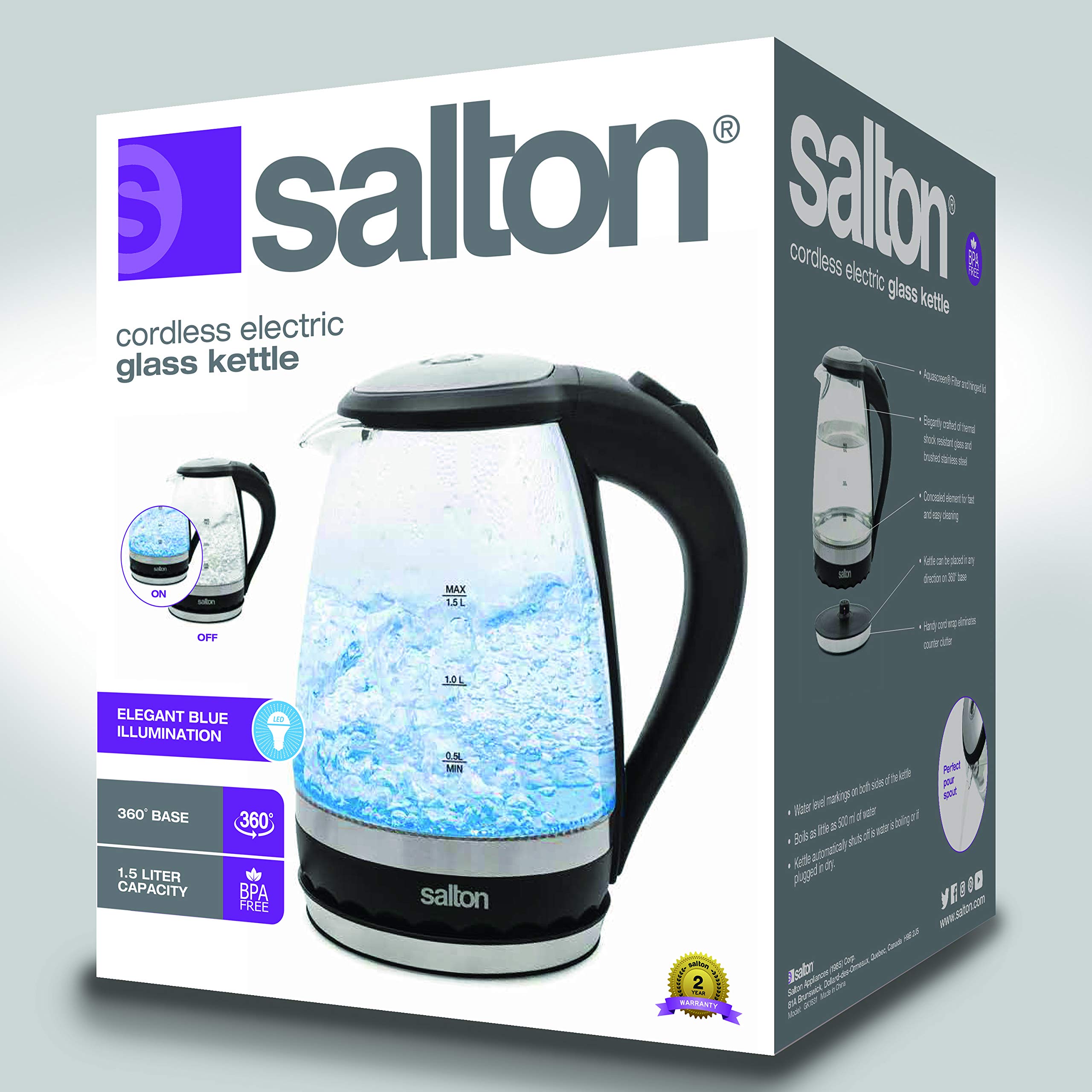 Salton GK1831 Cordless Electric Glass Kettle - 1.5L/Quart Water Boiler & Tea Heater with Auto Shut-Off, Boil-Dry Protection & Soft Blue LED Light - 1100W Fast Heating for Coffee, Tea & Instant Meals - Perfect for Home, Office & Dorm Use