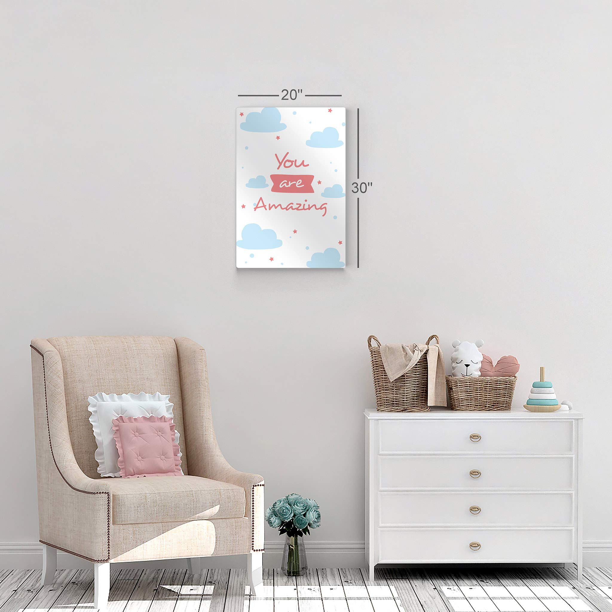 You Are Amazing Lettering Blue Clouds White Background Metal Print - 40x30 Inch Kids Room Decor, Nursery Wall Art, Baby Room Decor | Made in USA | Perfect for Bedrooms, Playrooms & Gift Ideas