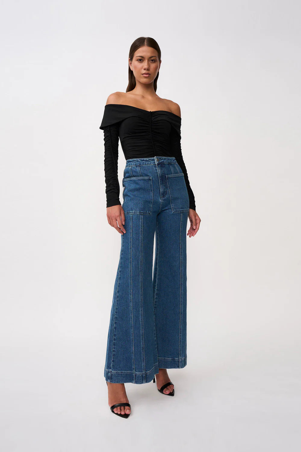 Della Women's Denim Wide Leg Jeans - Blue Wash Distressed High Waist Comfortable Stretch for Casual Outfits & Everyday Wear