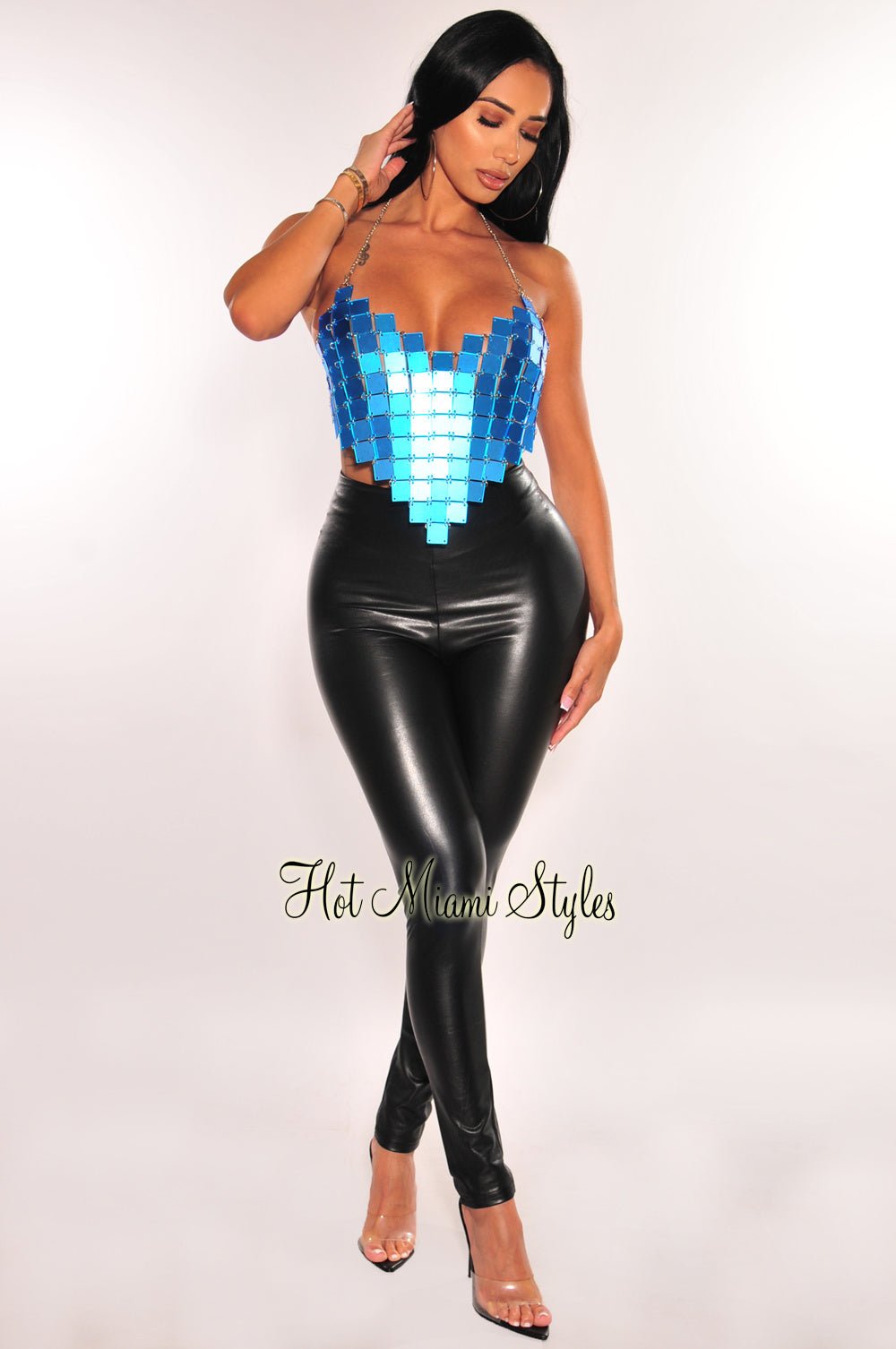 Aqua Metallic Halter Square Chainmail Crop Top - Trendy Women's Fashion Top for Nightlife, Concerts & Festival Outfits