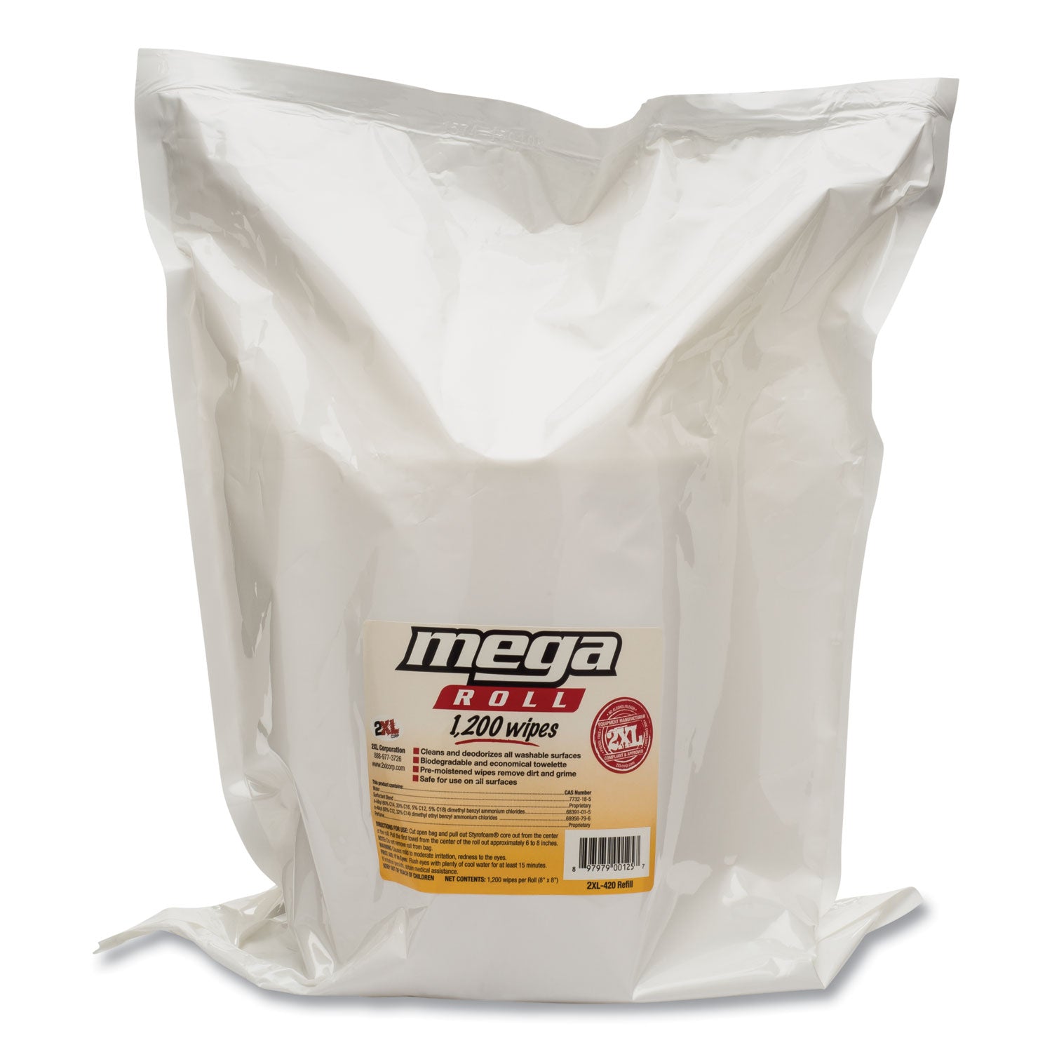 2XL Gym Wipes Mega Roll Refill - 8x8 Inch Unscented White Cleaning Wipes (1200 Wipes/Roll, 2 Rolls/Carton) for Gym Equipment, Yoga Mats & Fitness Gear