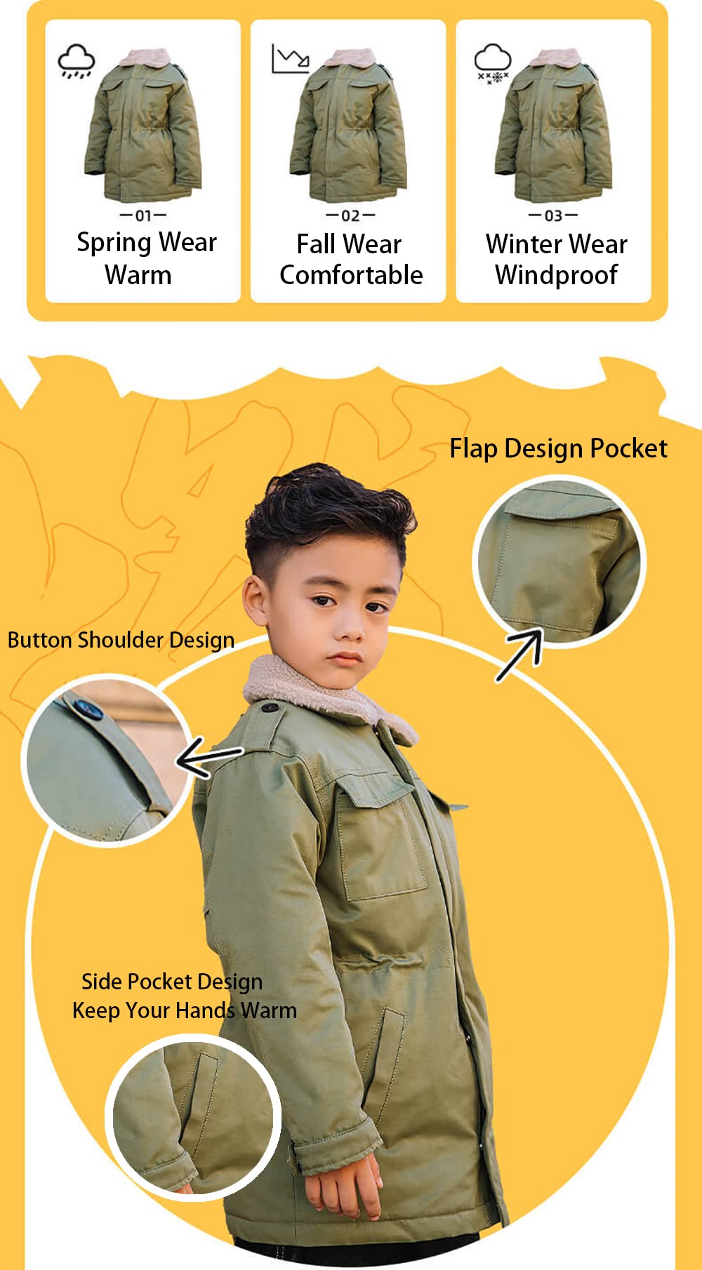 CHERISH Boys Winter Coat - Windproof Thickened Jacket, Fleece-Lined Snow Parka for Cold Weather - Perfect for School, Outdoor Play & Snow Days (Size M)