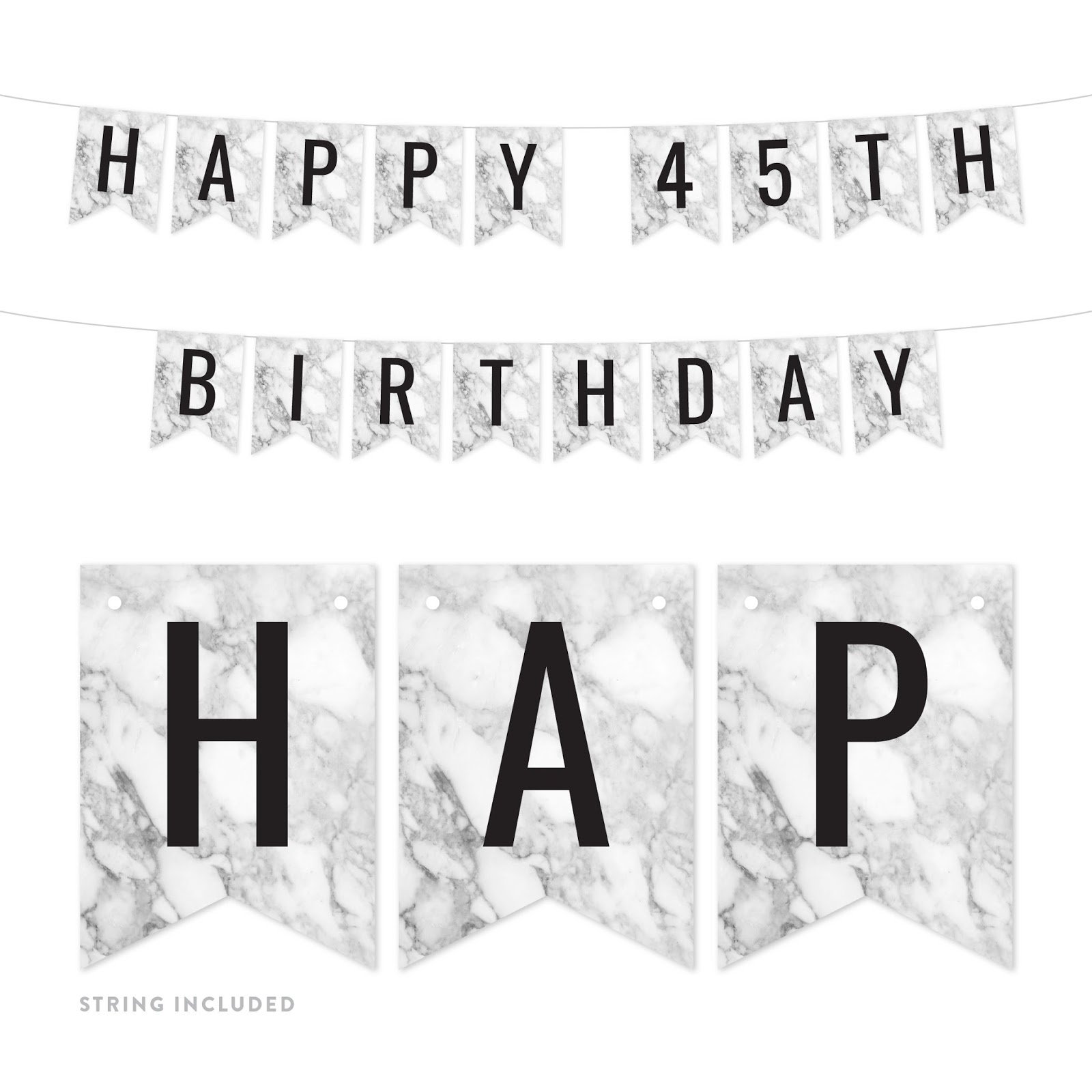 Happy 45th Birthday Banner Decorations - Gray Marble Pennant Banner (5 Feet) for Milestone Parties, Home & Office Celebration Decor - Perfect for Birthday Backdrops, Photo Booths & Anniversary Decorations