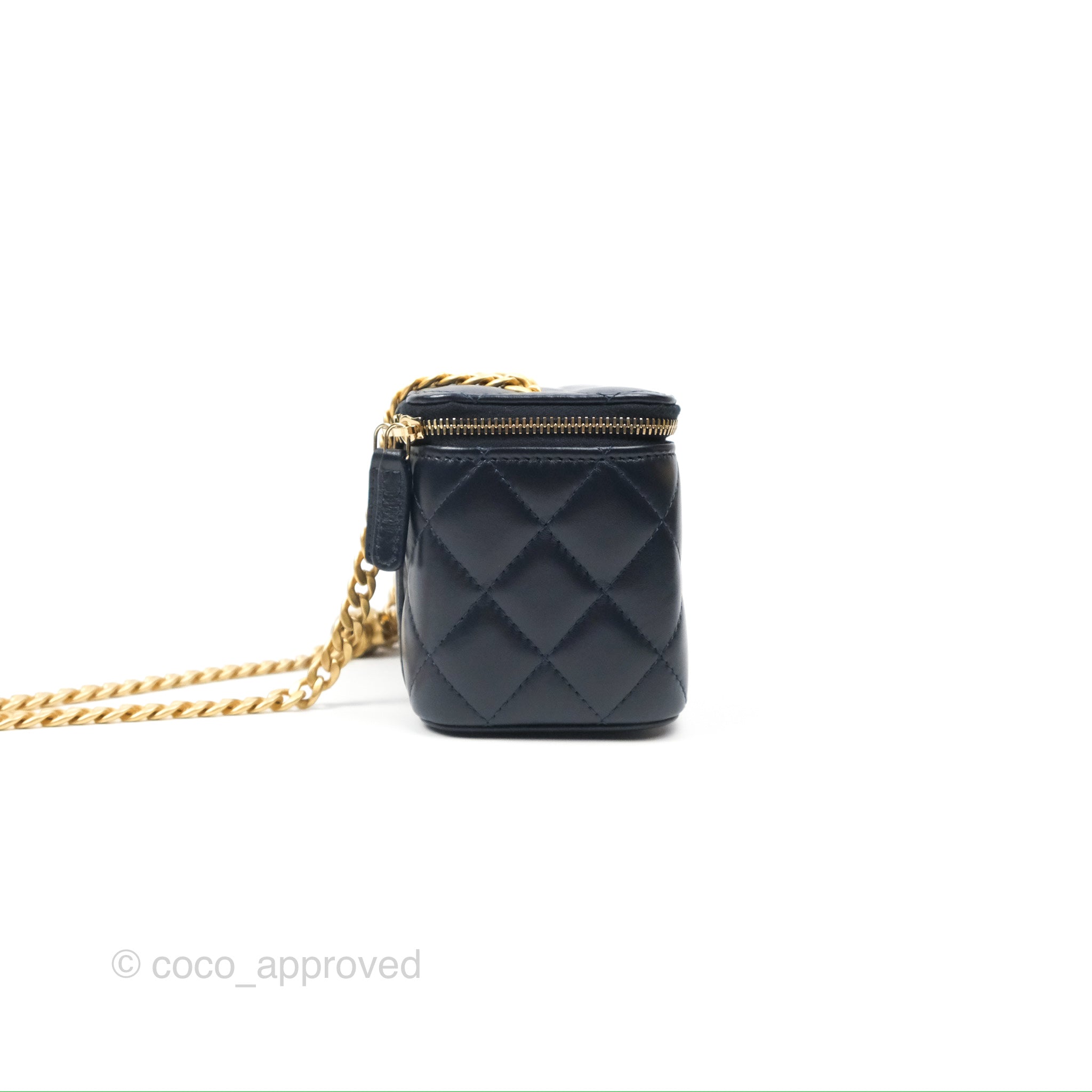Chanel Navy Lambskin Adjustable Chain Slide Vanity Bag with Aged Gold Hardware - Perfect for Evening Events, Travel & Luxury Fashion Accessories