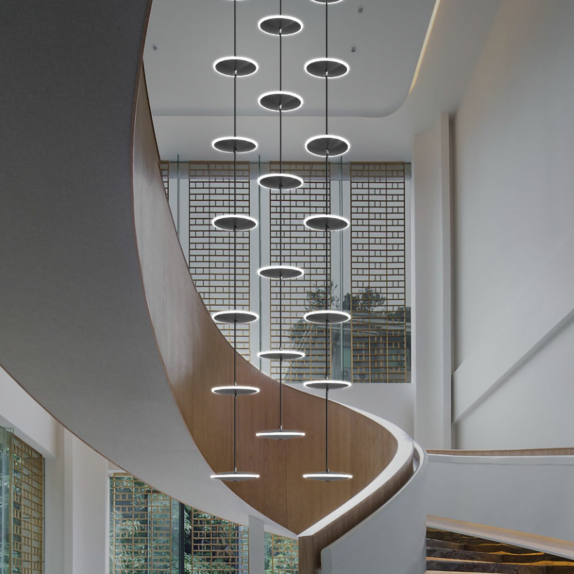 Modern LED Ring Plate Staircase Chandelier - Dimmable Crystal Ceiling Light Fixture for Hallway, Foyer & Luxury Home Decor