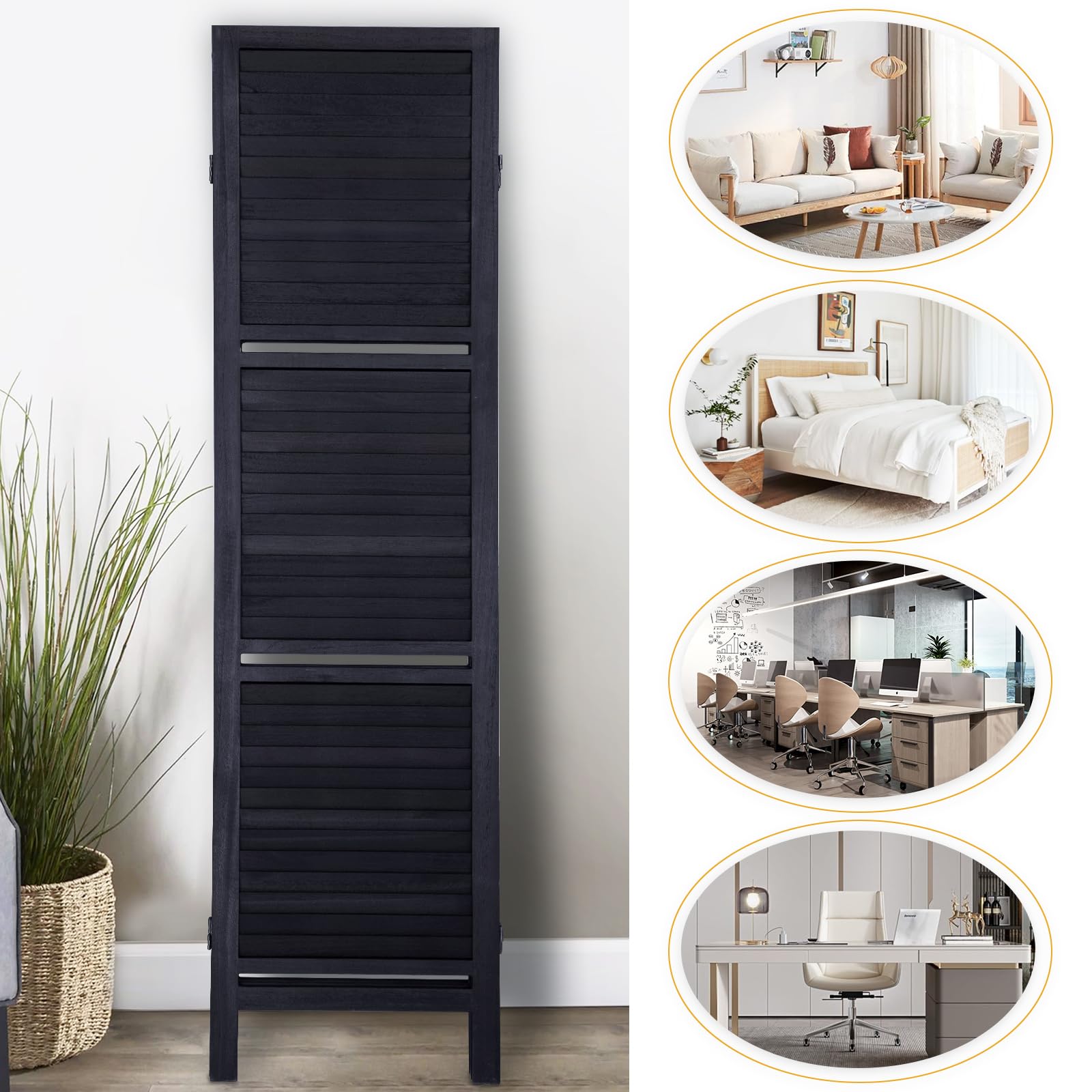 6 Panel Wood Room Divider - 5.6 Ft Tall Folding Privacy Screen with Shelves | Black Partition Wall for Home Office, Bedroom & Living Room | Space Separator for Privacy & Organization
