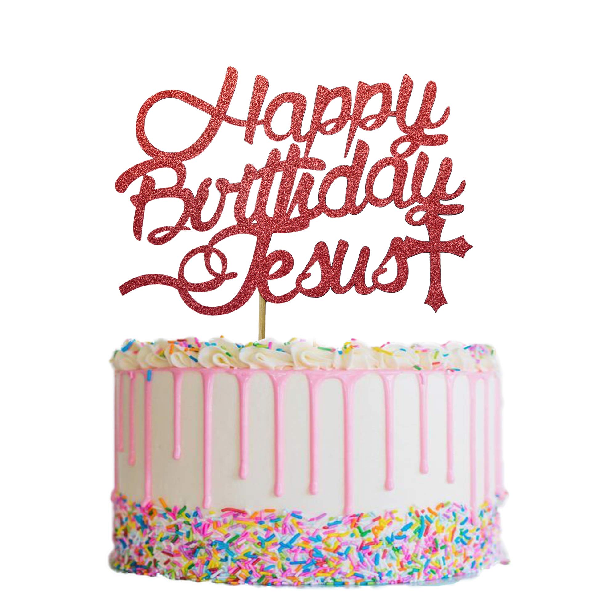 Happy Birthday Jesus Cake Topper - Red Glitter Jesus Birthday Decorations - Jesus is the Reason for the Season - Christmas Nativity Cake Decor for Holiday Parties & Church Celebrations