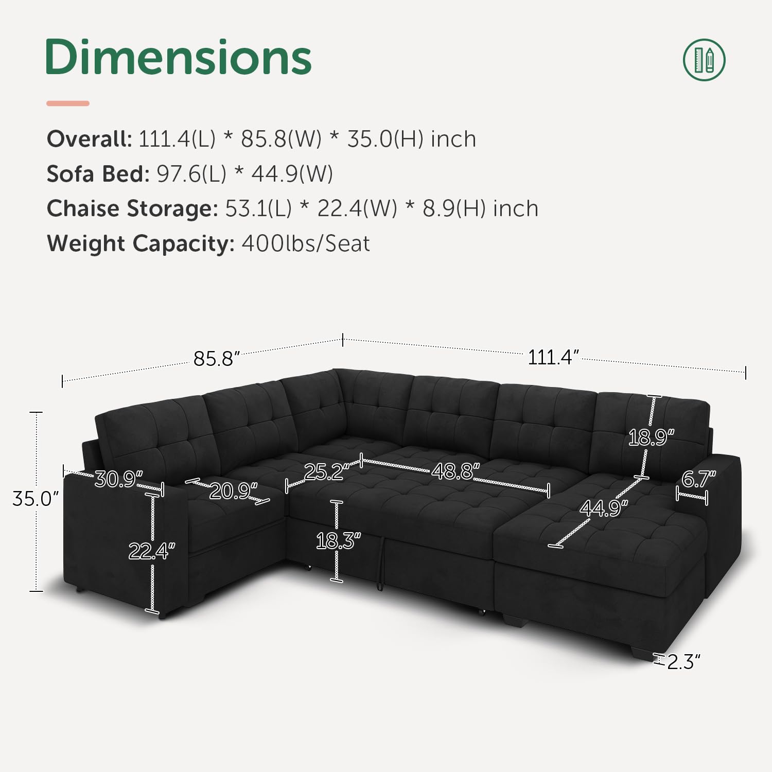 HONBAY Sectional Sleeper Sofa with Pull Out Bed - Convertible Sofa Bed with Storage Chaise, Velvet Black Couch for Living Room | Perfect for Small Spaces, Guest Rooms & Apartments
