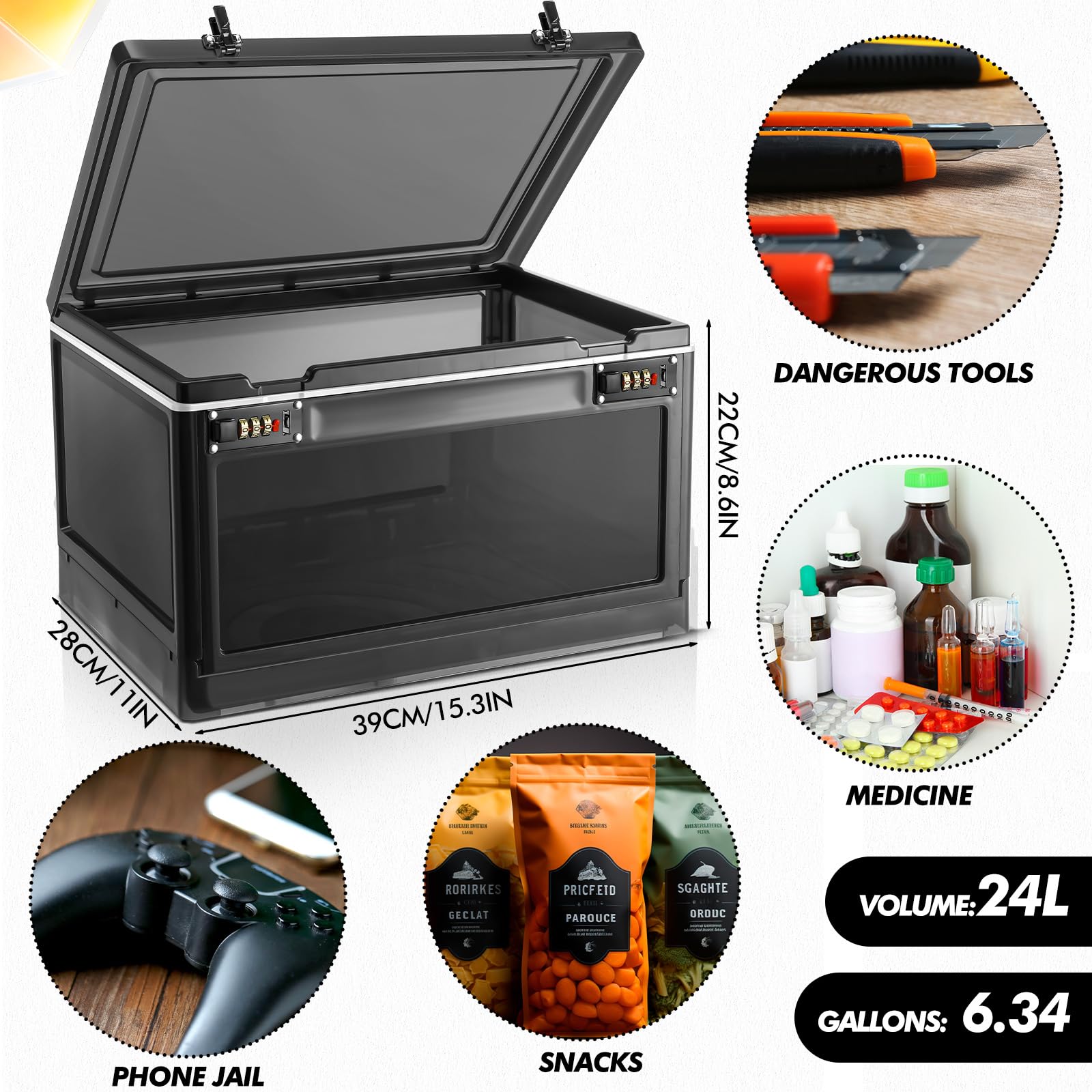 Yalikop 1-2 Pcs Large Lockable Storage Box with Combination Lock - Secure Container for Medicine, Office, School Locker, Snacks & Phone Jail - Home & Travel Use (Black & White)