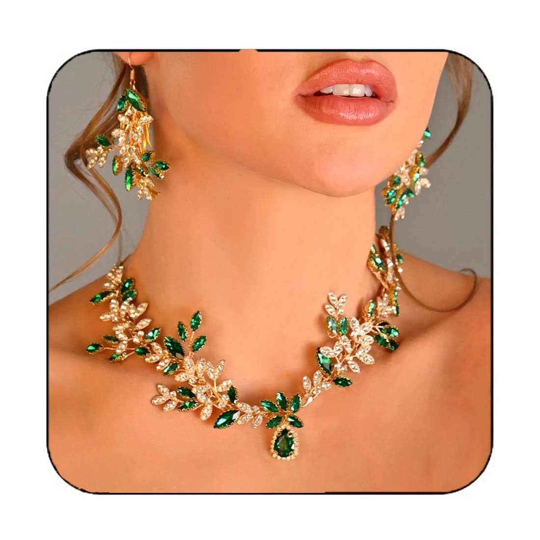 Unicra Bridal Wedding Jewelry Set - Gold Green Crystal Necklace & Earrings Set with Rhinestones, Elegant Formal Costume Jewelry for Women, Brides & Mothers Day Gifts | Perfect for Weddings, Prom, Evening Parties & Special Occasions