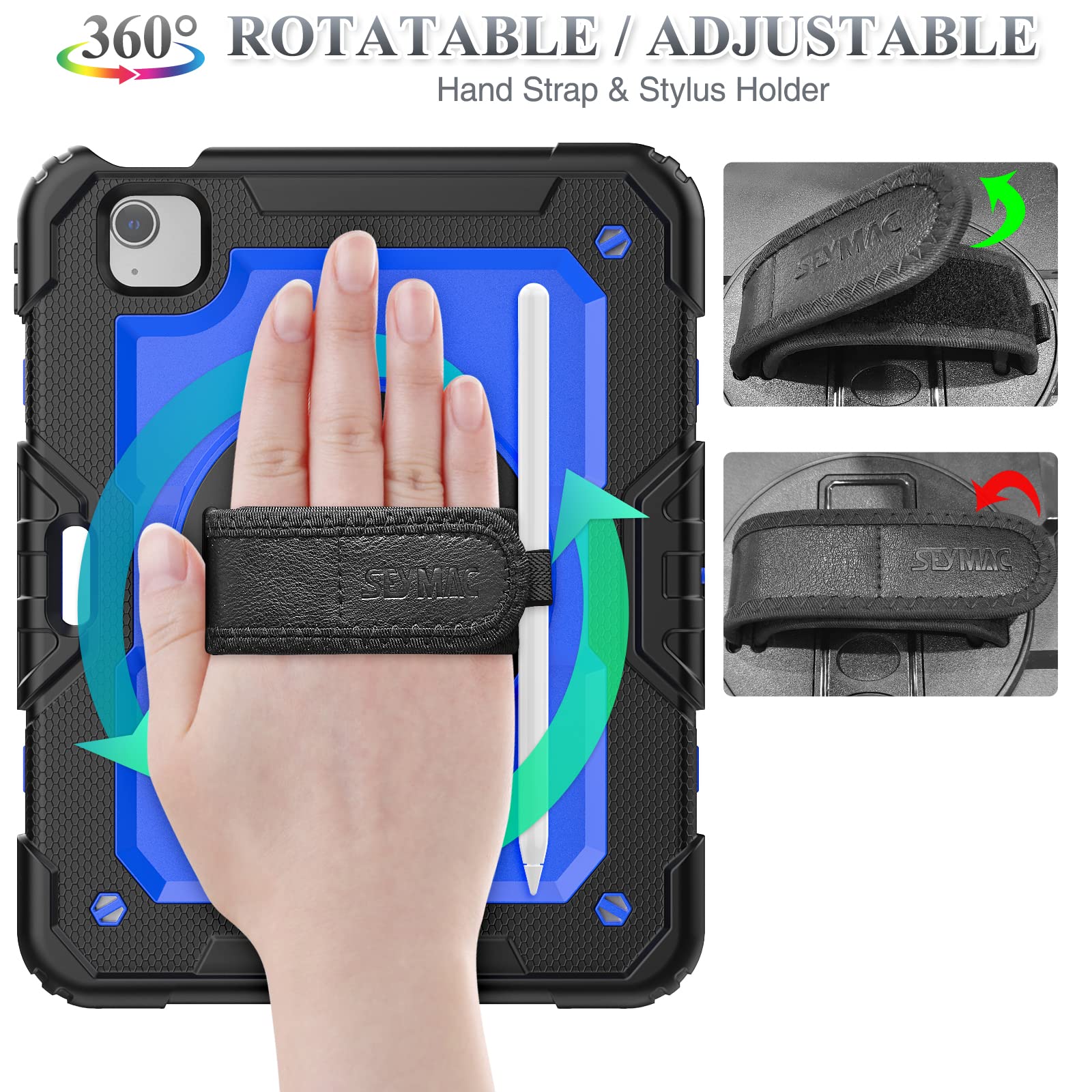SEYMAC 360° Rotating Protective Case with Hand Strap & Stand for iPad Air 5th/4th Gen 10.9