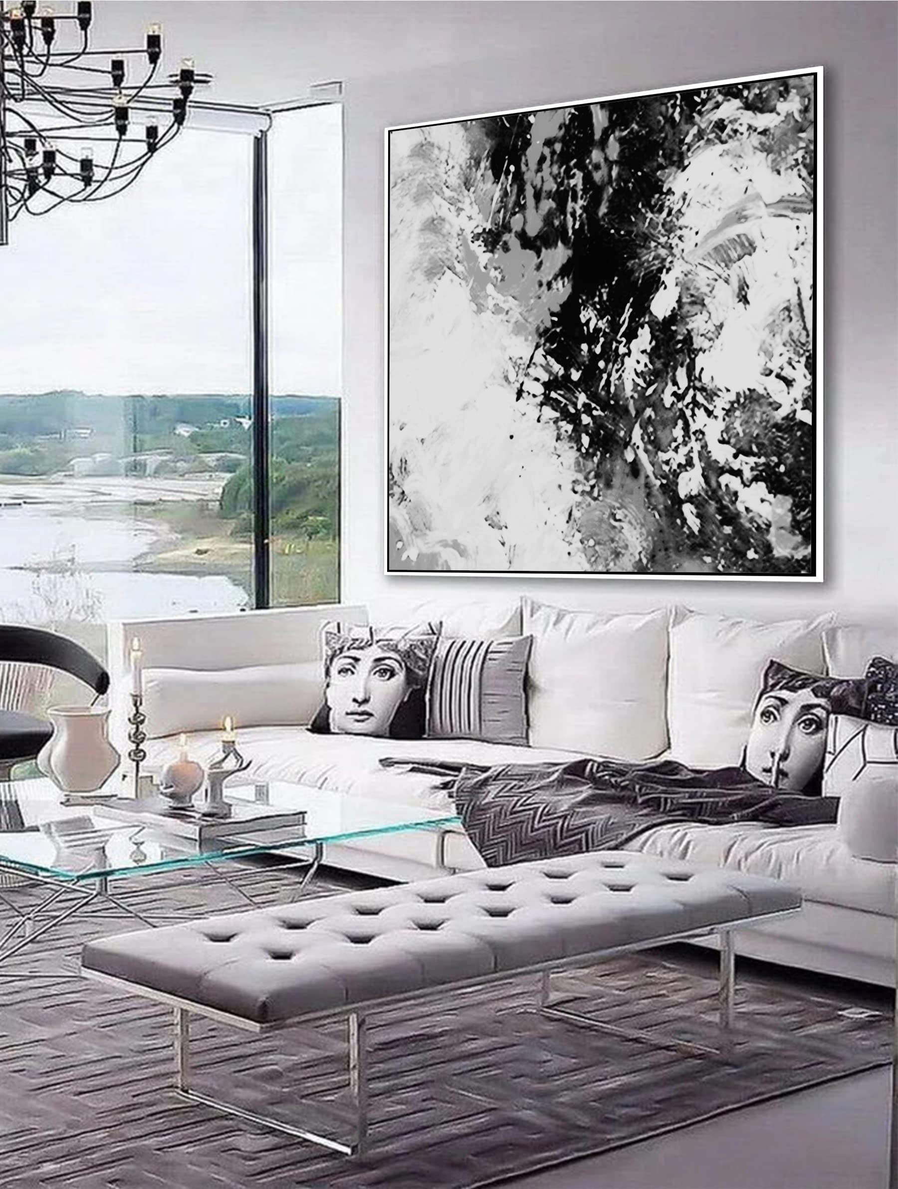 Modern Abstract Canvas Wall Art - Black White Gray Original Painting 50x50 Inches - Large Contemporary Home Decor for Living Room, Bedroom & Office