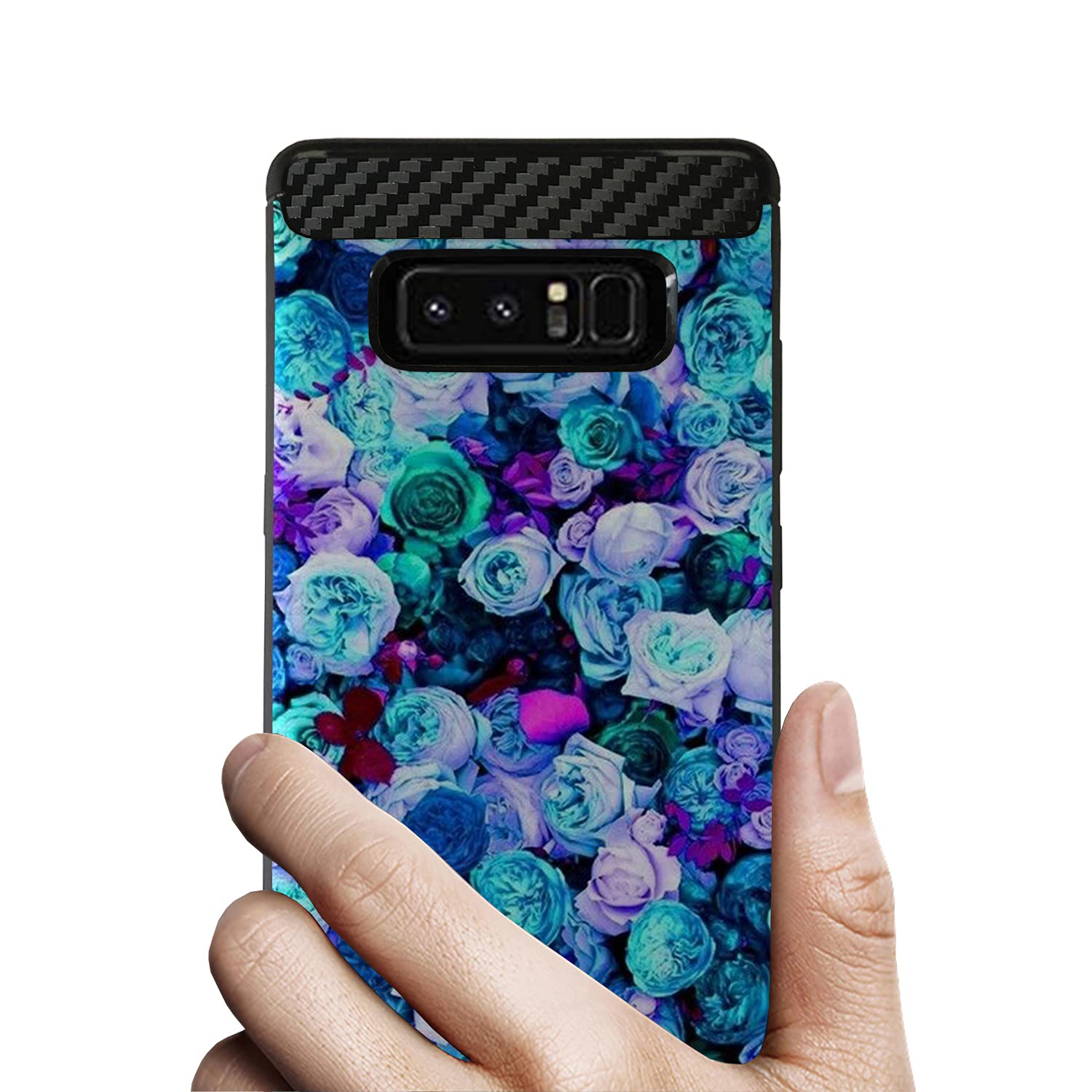 Slim Rubberized Samsung Galaxy Note 8 Case with Carbon Flex Design - Blue Roses Pattern | Durable Protective Cover for Everyday Use, Work & Travel