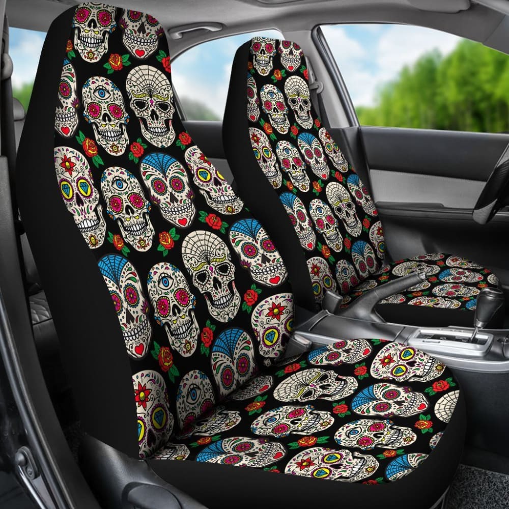 2 Pcs Floral Sugar Skull Car Seat Covers - Day of The Dead Design, Universal Fit for Cars, Trucks & SUVs - Perfect for Halloween, Dia de Los Muertos Celebrations & Unique Car Decor