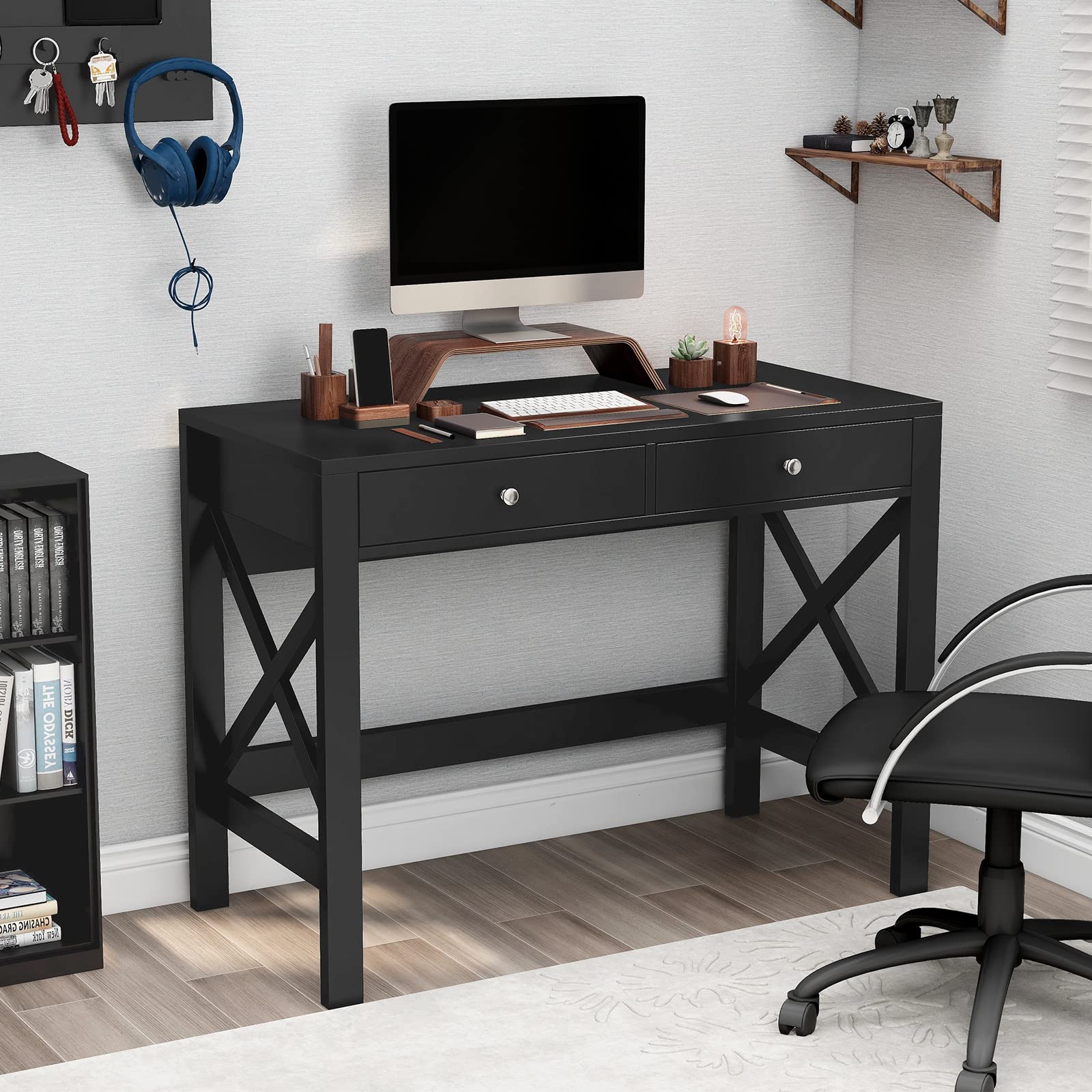 Modern Black Home Office Desk with Drawers - Writing Computer Desk & Makeup Vanity Table - Perfect for Small Spaces, Remote Work & Beauty Routines