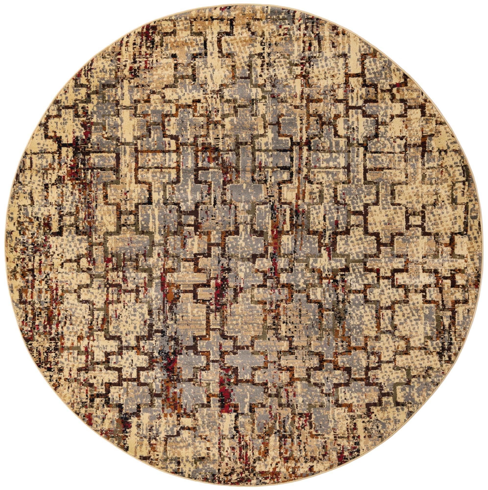 Unique Loom Saturn Collection Round Area Rug 7' x 7' - Soft Beige Cream & Black Modern Design for Living Room, Bedroom Decor | Non-Slip & Durable Floor Covering