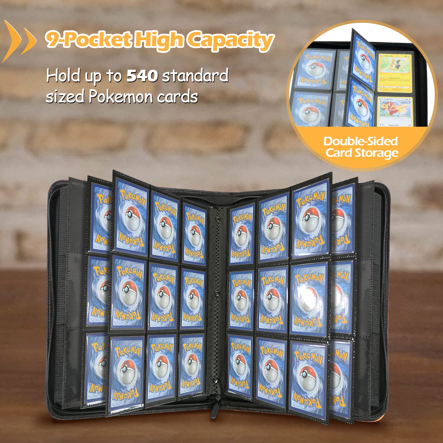 Douper 9-Pocket Pokemon Card Binder - Holds 540 Trading Cards with Side-Loading Sleeves (Orange) | Perfect for Collectors, TCG Games & Card Storage