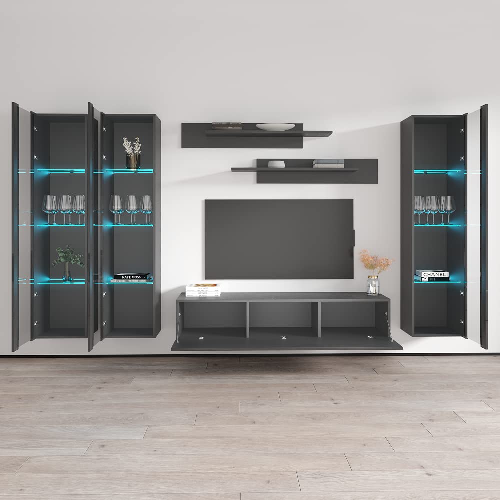 Modern Wall-Mounted TV Stand with Storage Shelves & LED Lights - Fly C 30 Entertainment Center Console for Bedroom & Living Room - Space-Saving Gray TV Cabinet for Flat Screens up to 30