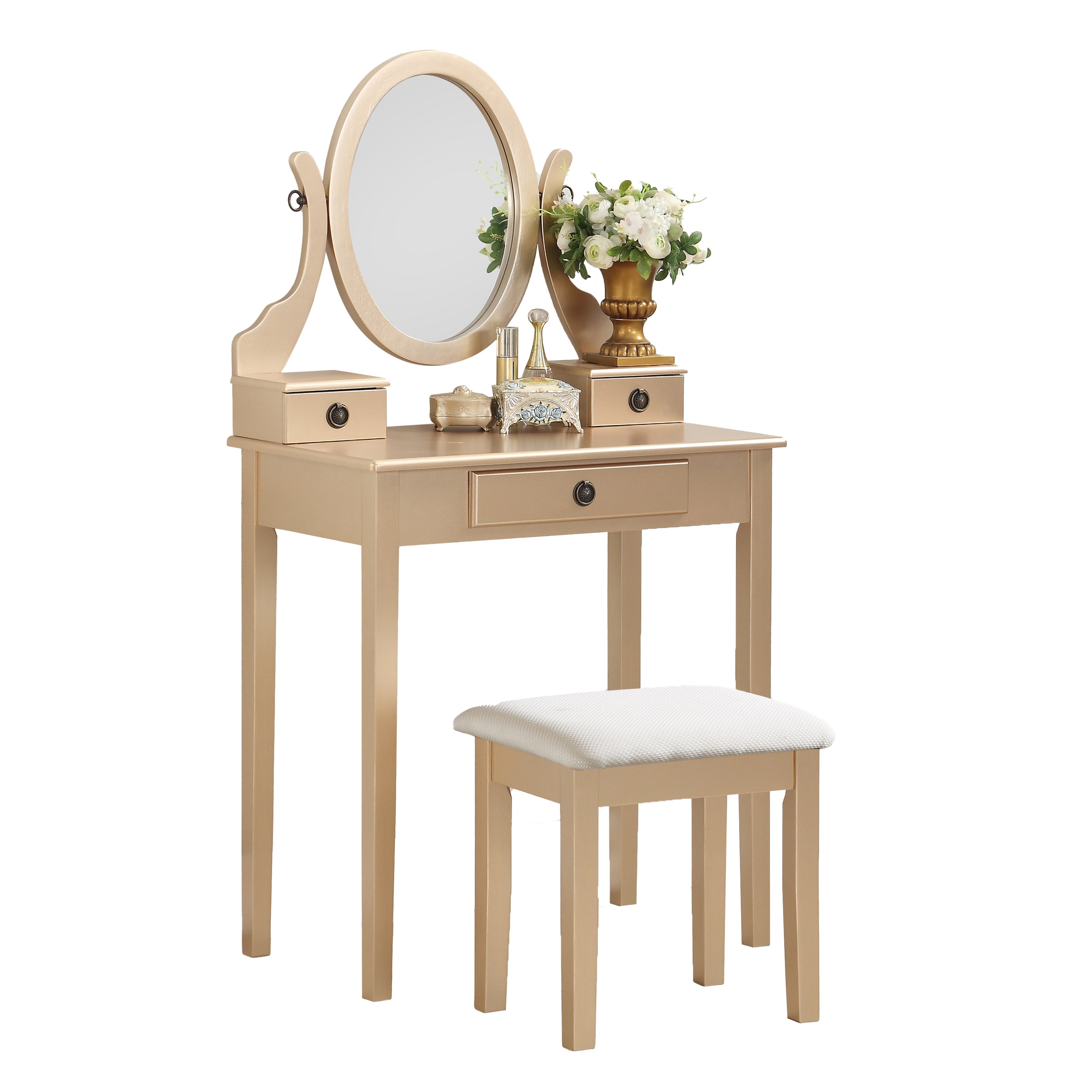 Roundhill Furniture Moniya Wood Makeup Vanity Table and Stool Set with Mirror - Gold Finish for Bedroom, Dressing Room & Beauty Salon | Elegant Vanity Desk with Storage for Women & Girls