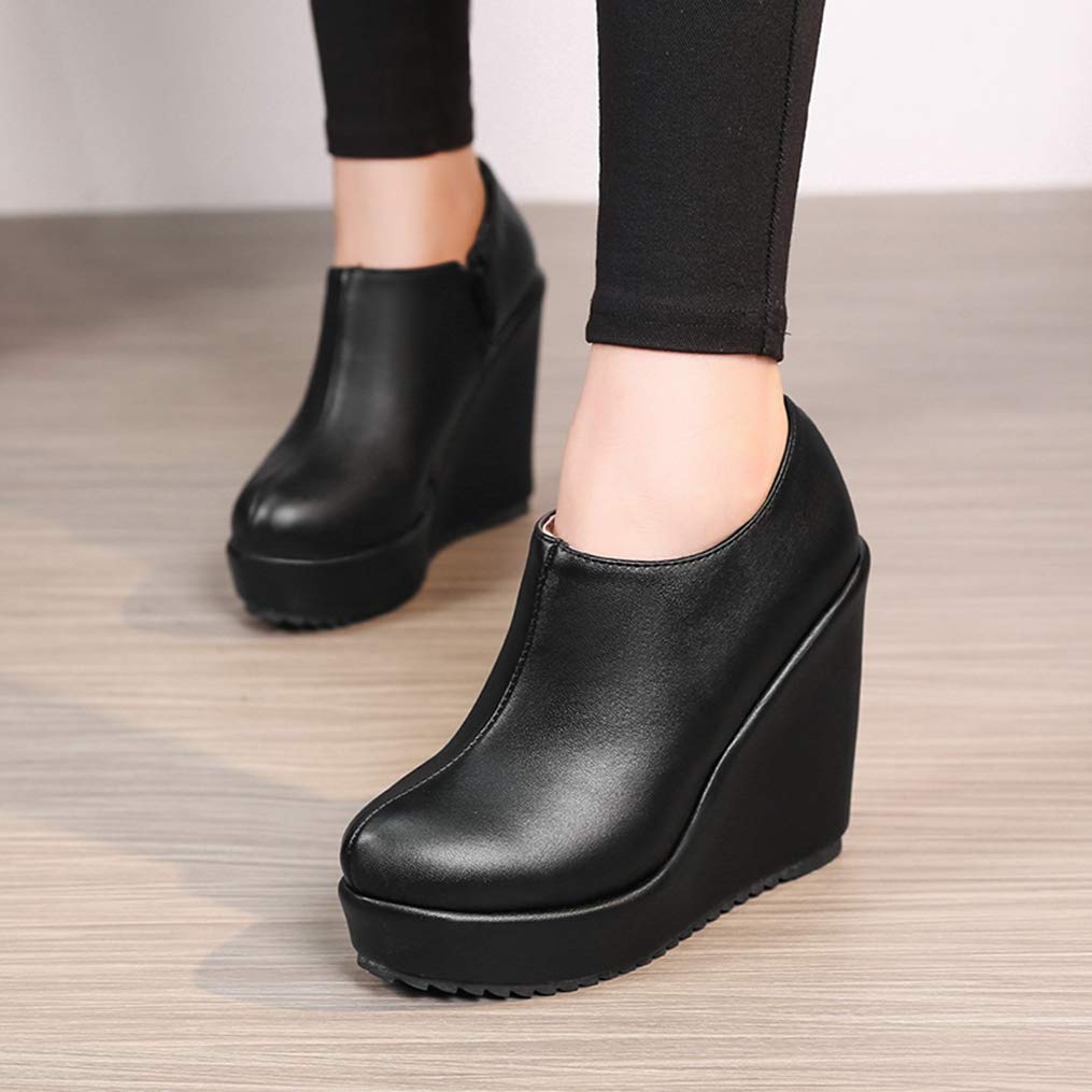 GIY Women's Round Toe High Heel Ankle Boots - PU Leather Wedge Platform Boots with Side Zipper for Winter, Casual & Dressy Outfits | Perfect for Office, Party & Date Night