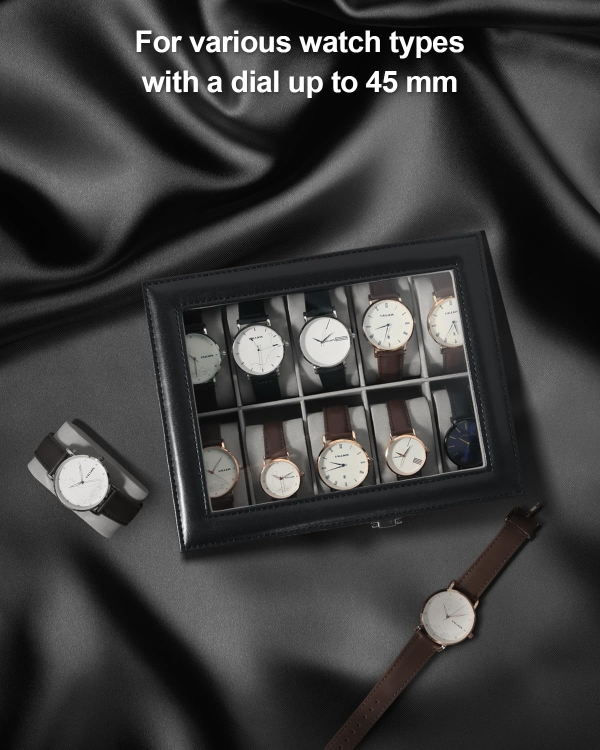 10-Slot Uten Watch Box for Men - PU Leather Watch Display Case with Removable Cushion & Metal Clasp - Luxury Watch Storage Organizer for Travel, Home, and Gift Giving