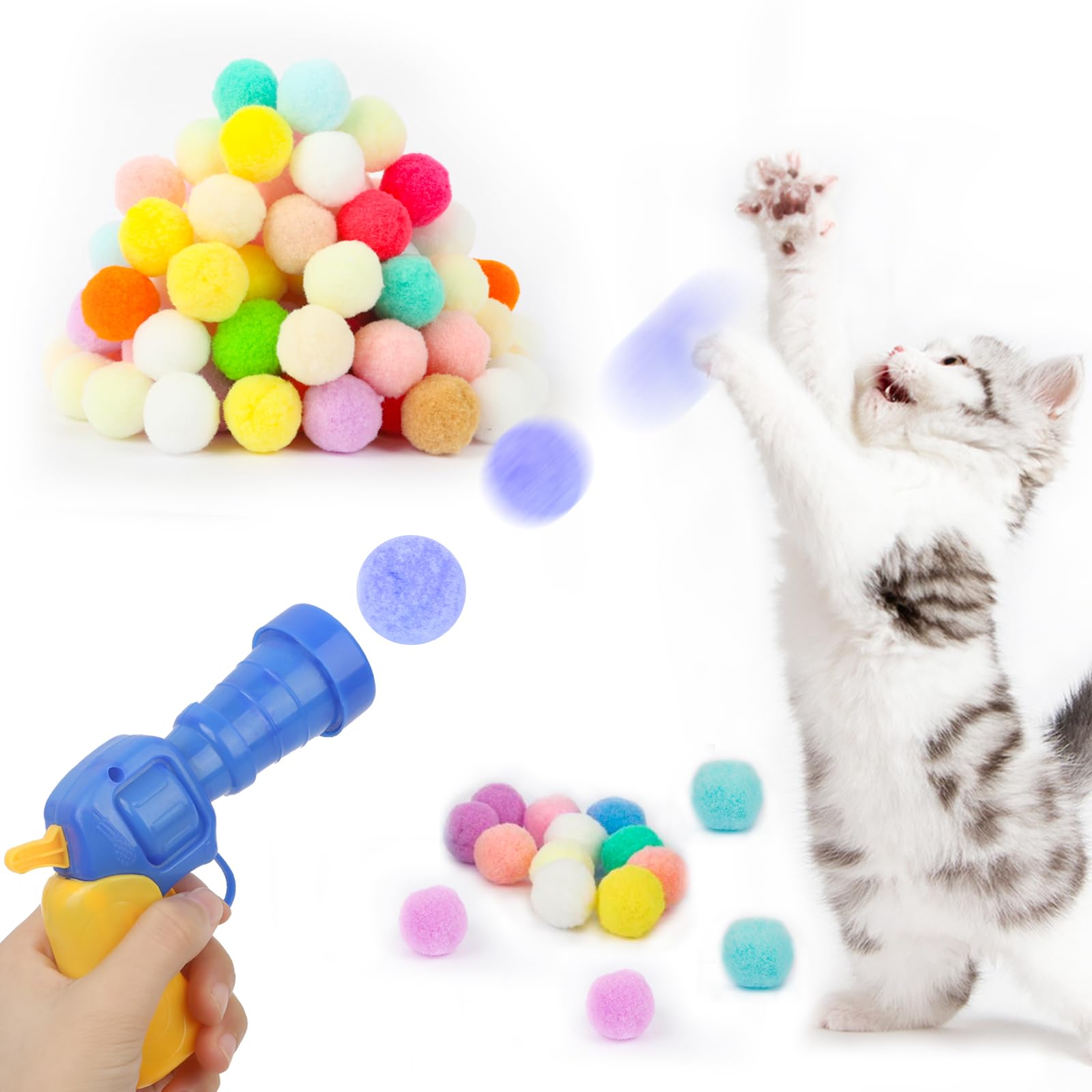 Silent Plush Cat Toy Ball Launcher with 80 Pom Pom Balls - Interactive Indoor Cat Exercise Toy for Playful Kittens - Perfect for Stimulating Playtime & Keeping Cats Active (Deep Blue)