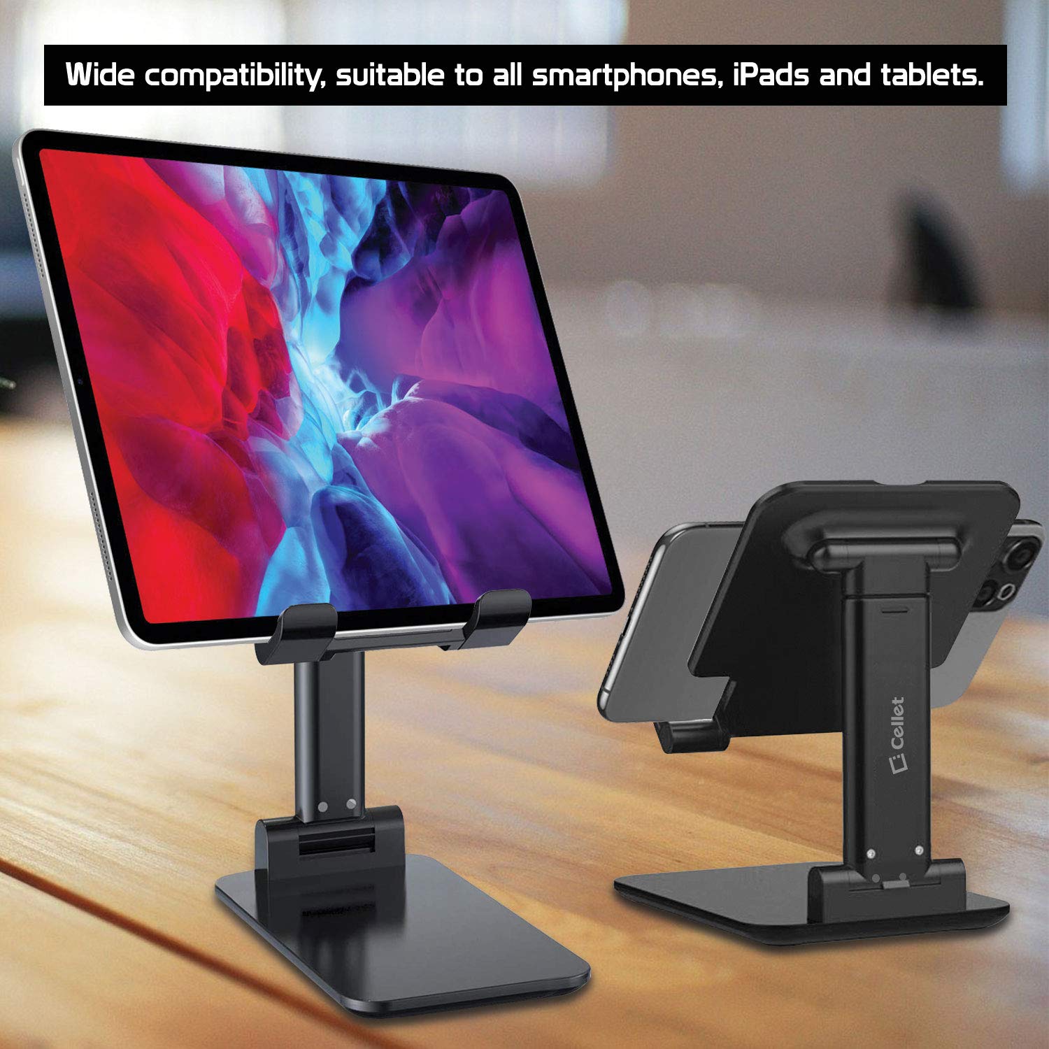 Adjustable Phone Holder & Tablet Stand - Foldable Desktop Dock Mount for iPhone, iPad Pro/Air/Mini, Android Smartphones & Tablets (Black) | Perfect for Home Office, Bedside, Kitchen & Travel Use