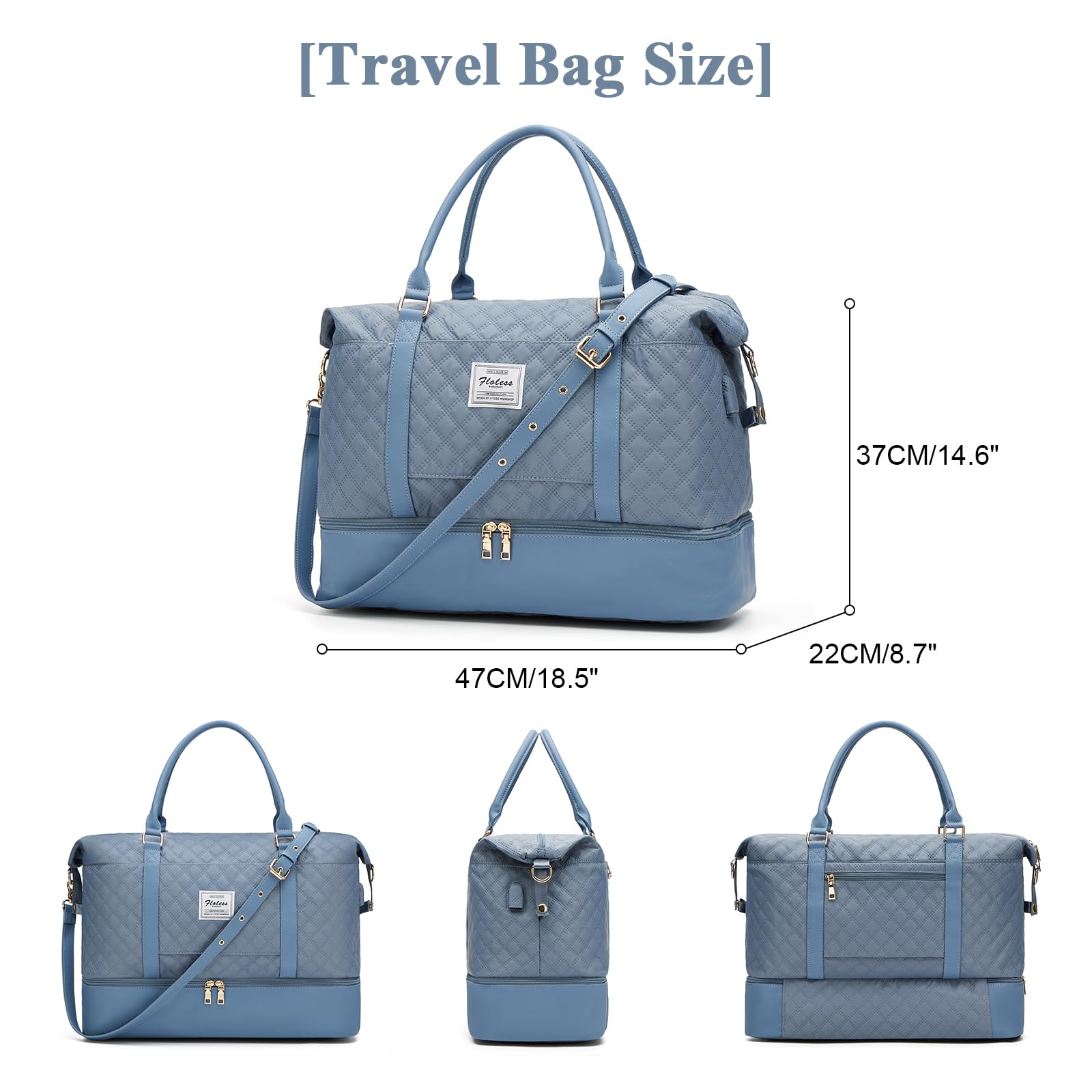 Women's Travel Duffel Bag with Shoe Compartment - Large Gym & Sports Bag for Weekend Getaways, Hospital Visits & Airplane Carry-On | Water-Resistant & Spacious B5-Grey Blue Luggage | Perfect for Workouts, Travel & Overnight Stays