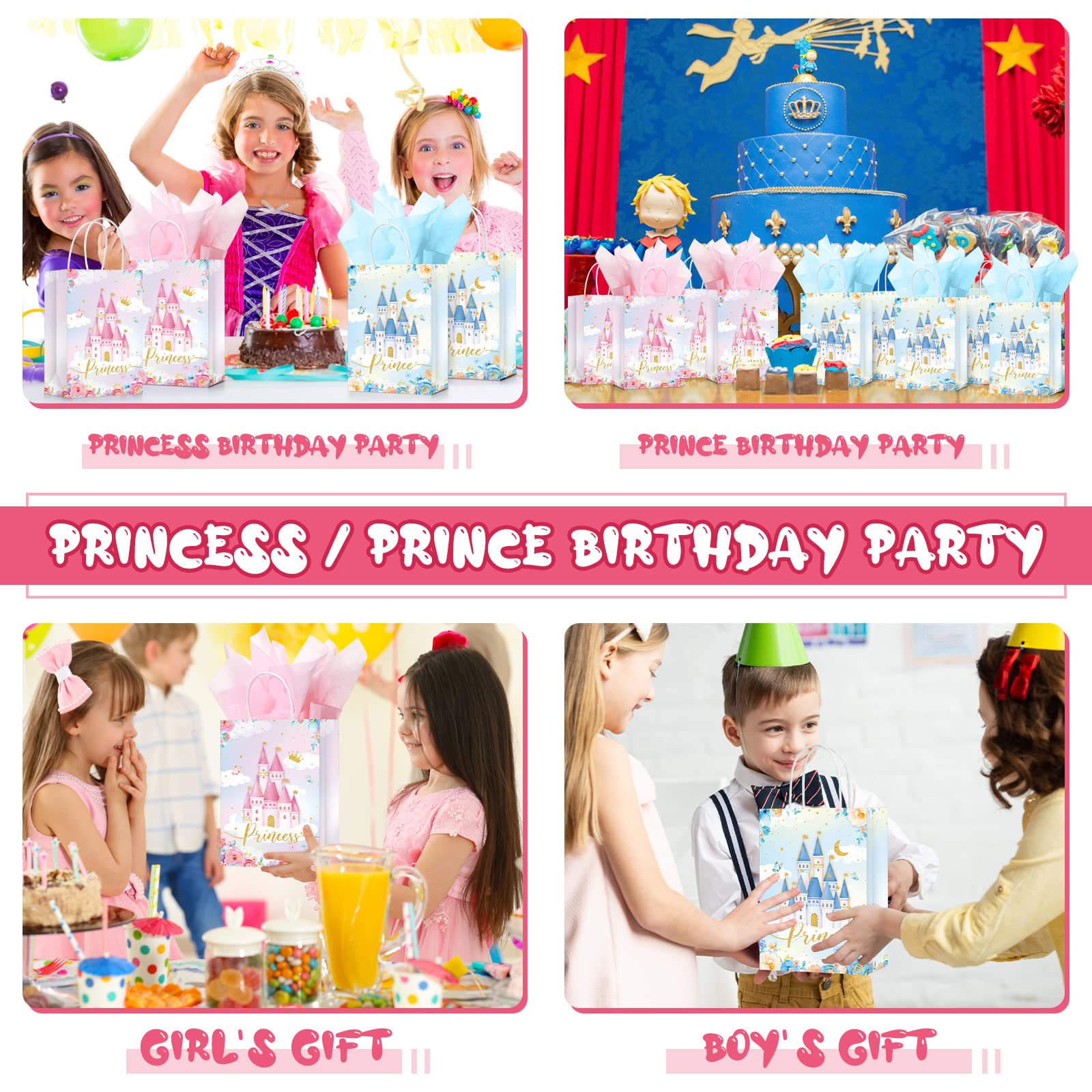 16-Piece Princess & Prince Party Favor Bags - Elegant Goodie Gift Candy Bags for Birthday, Baby Shower, Royal Themed Parties - Perfect for Kids' Celebrations, Gender Reveals & Fairy Tale Events