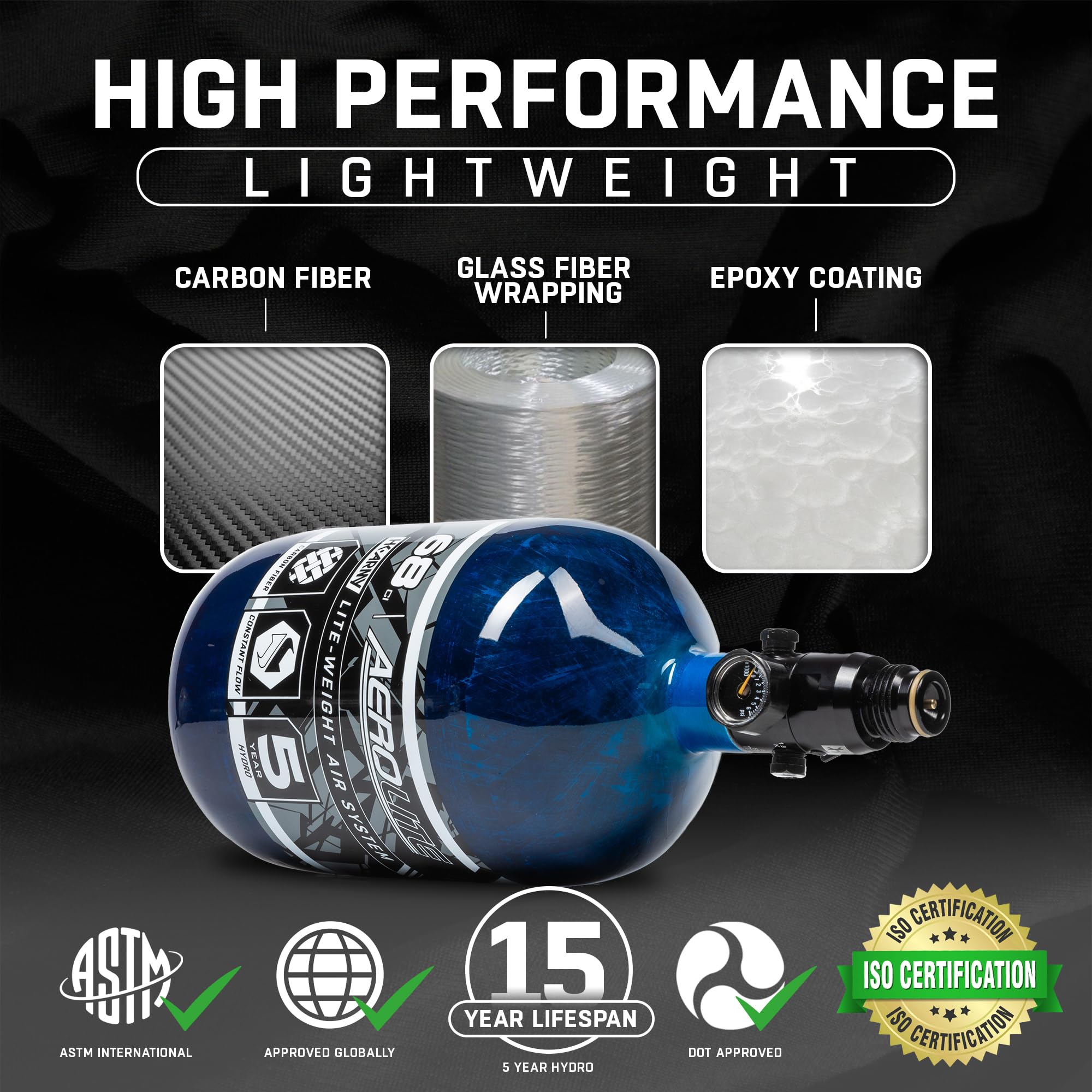 HK Army 68/4500 Aerolite Carbon Fiber HPA Paintball Air Tank System - Lightweight Compressed Air Tank for Tournament & Woodsball Scenarios