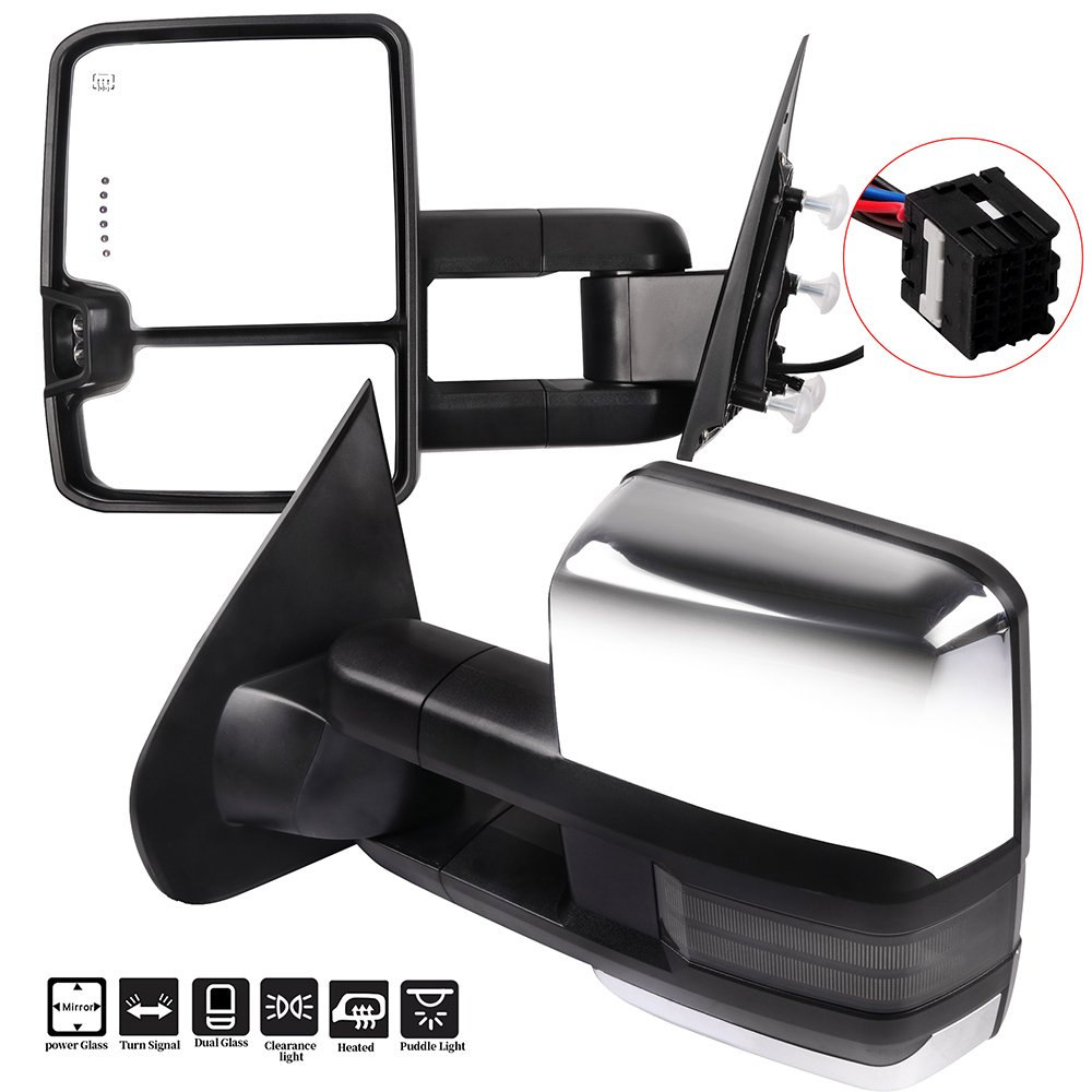 ROADFAR Towing Mirrors for GMC Sierra 2500/3500 HD (2015-2019) - Power Adjustable Heated LED Signal Mirrors with Puddle Light & Chrome Housing | Perfect for Towing, Camping & Heavy-Duty Truck Accessories