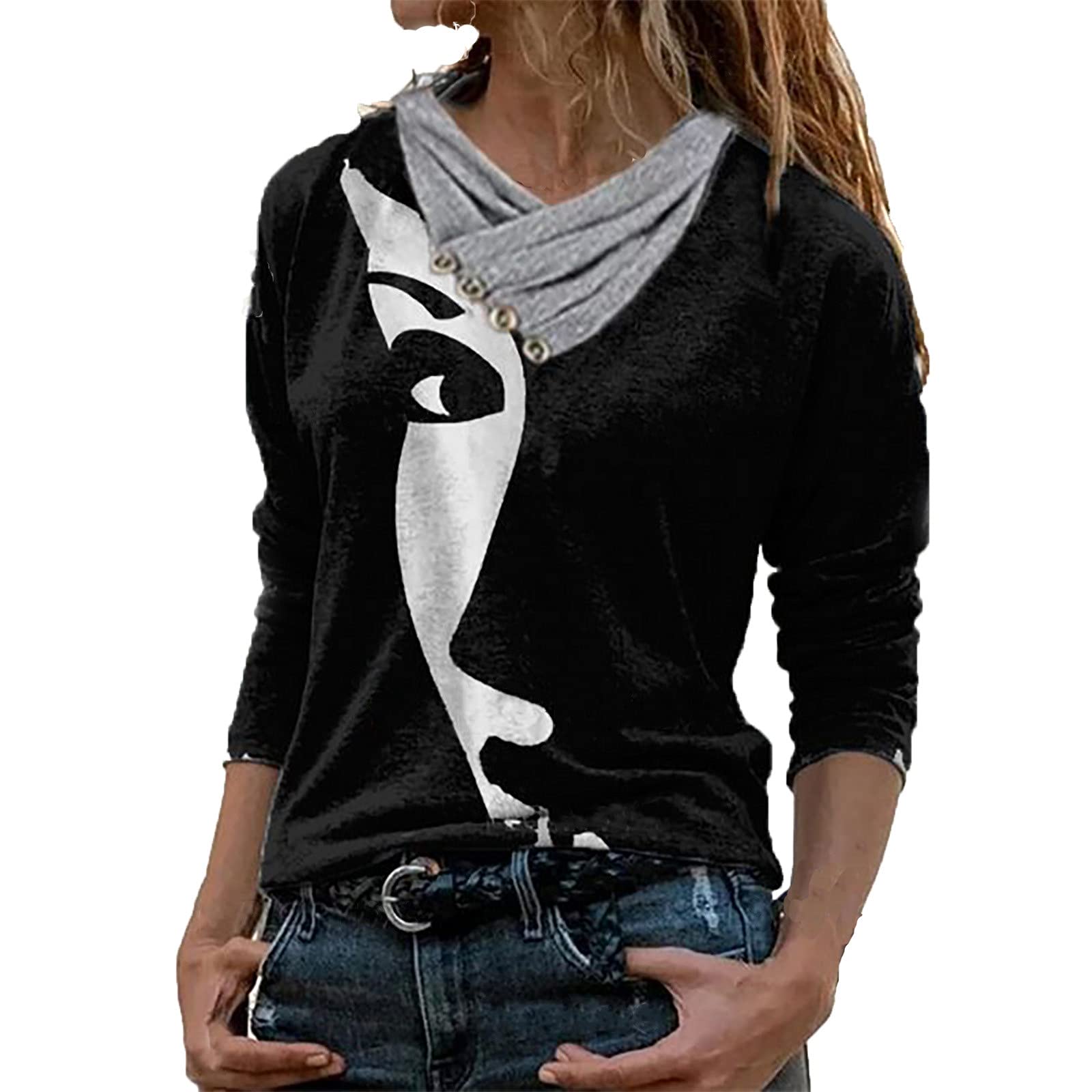 FMCHICO Women's Retro Printed Pullover Sweater - 2022 Cross V-Neck Button Down Long Sleeve Blouse for Casual Wear | Perfect for Office, Dating & Fall Layering