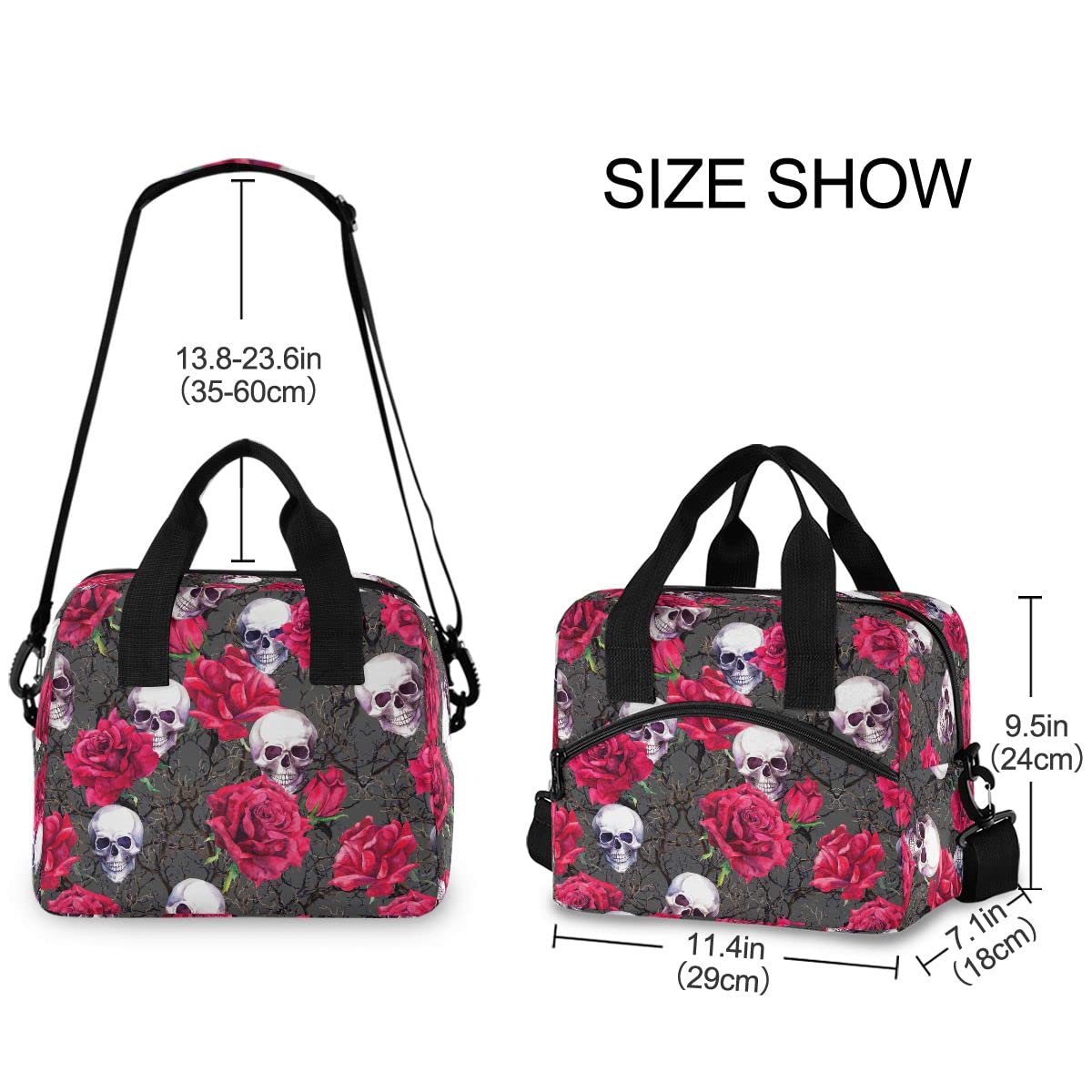 Insulated Lunch Bag with Skulls & Rose Design - Reusable Leakproof Cooler Tote for Women & Men - Perfect for Work, School, Picnics & Outdoor Activities