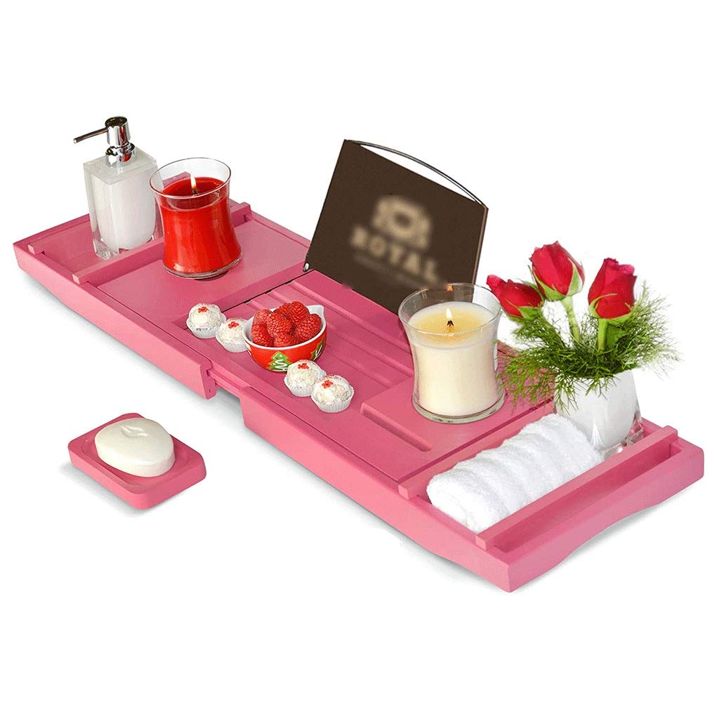 YYL Bamboo Bathtub Caddy Tray with Extendable Sides - Spa Bath Organizer with Tablet Holder, Phone Stand, Wine Glass Holder & Soap Dish | Perfect for Relaxing Baths, Reading & Wine Time (Blue)