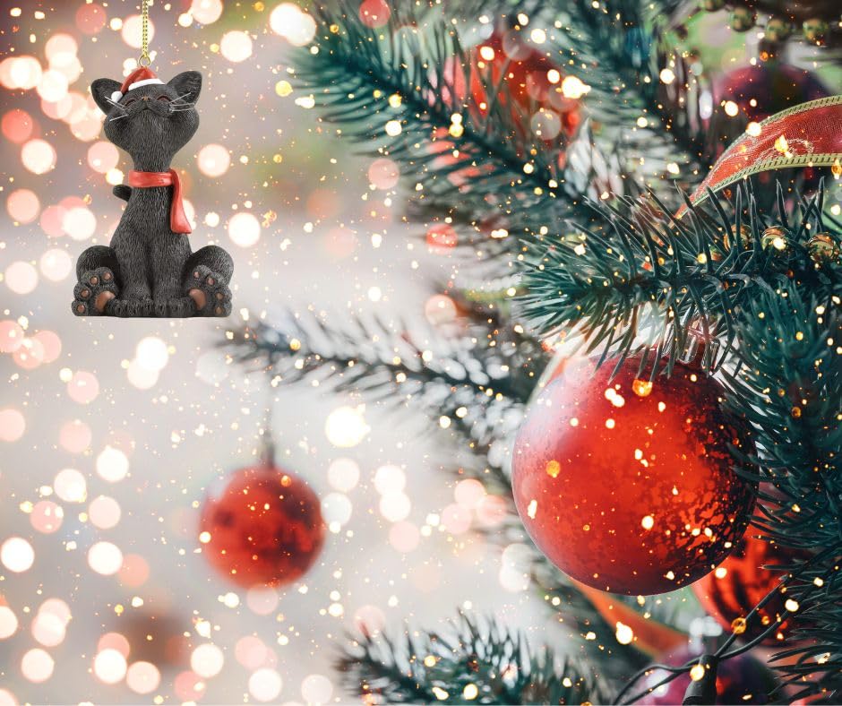 Black Cat Christmas Ornament - Festive Happy Cat Decoration for Holiday Tree | Perfect for Xmas Decor, Gift Giving & Winter Home Decor