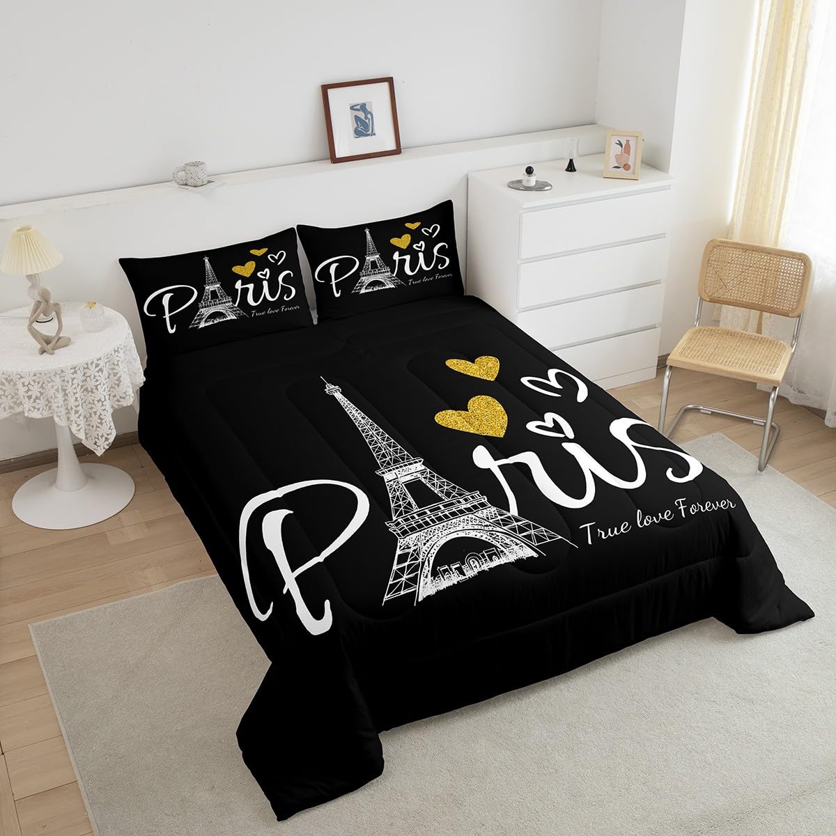 Erosebridal Paris Themed Queen Size Comforter Set - 3 Piece Romantic Eiffel Tower Bedding with Duvet Insert & 2 Pillowcases | Ultra Soft Lightweight Down Alternative Quilt in Black & White | Perfect for Master Bedroom, Guest Room & Parisian Themed Decor