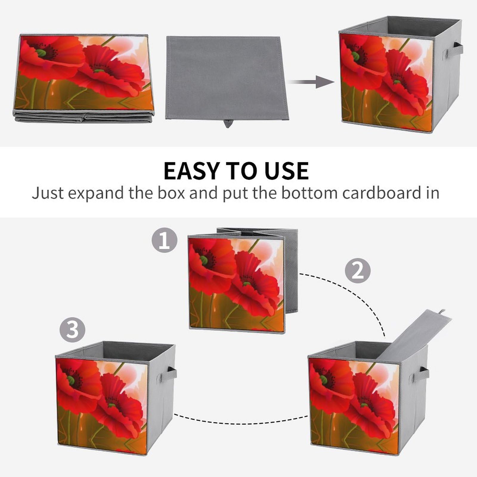 6-Pack Poppy Flower Print Collapsible Storage Bins with Handles - Large Closet Organizer Baskets for Clothing, Toys & Home Organization | Perfect for Bedroom, Nursery & Closet Storage